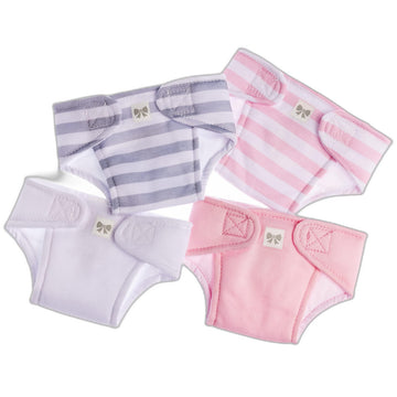 JC Toys Baby Doll 4 Pack Fabric Diapers | Washable, Reusable, Adjustable Eco Diapers | Fits Dolls 14 to 18 inch in Pink/White/Grey