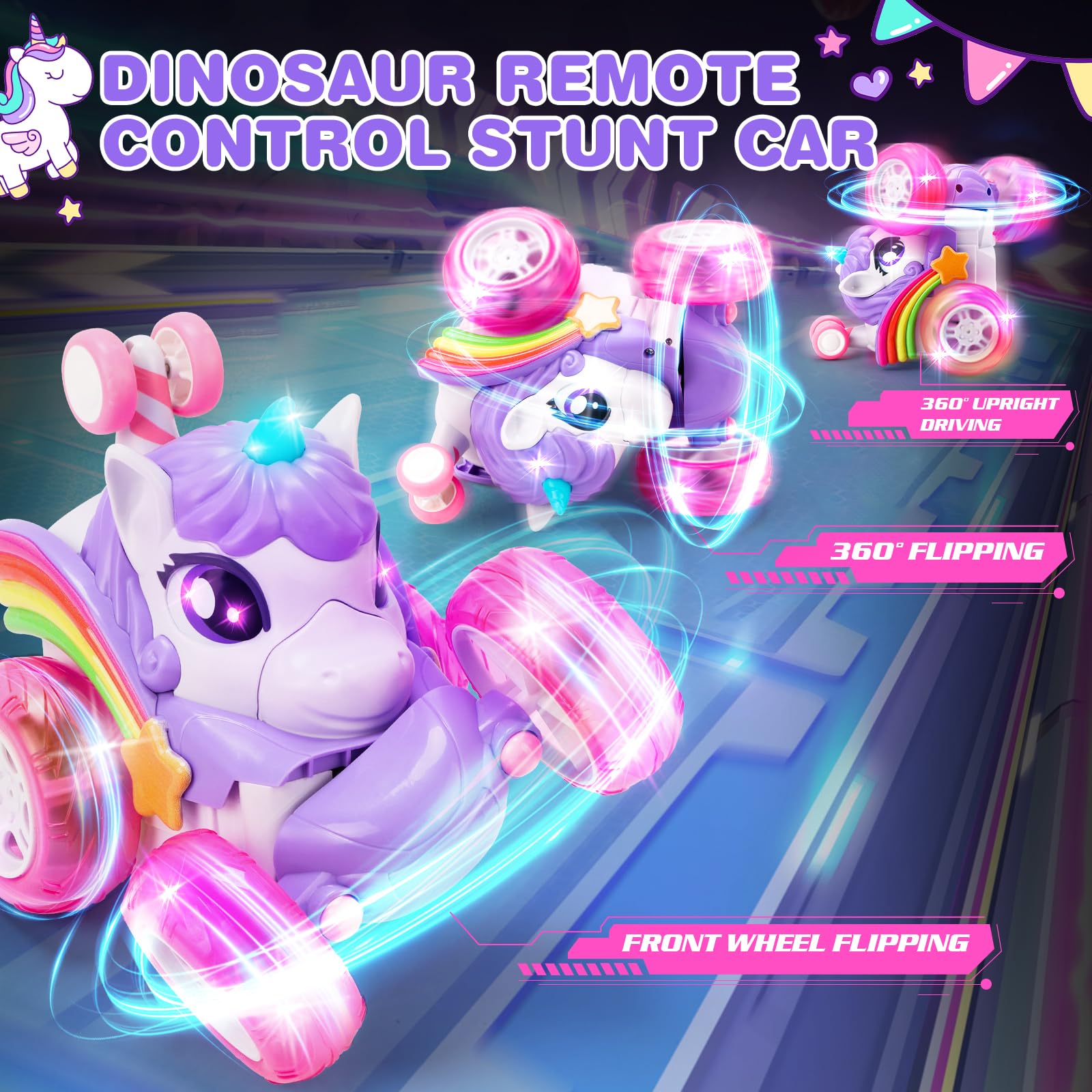 RUIDYA Unicorn Remote Control Car for Girls, 360°Rotating 4WD Stunt RC Cars for Boys with Lights, 2.4GHz Rechargeable Car Toys Gift for Toddler Kid