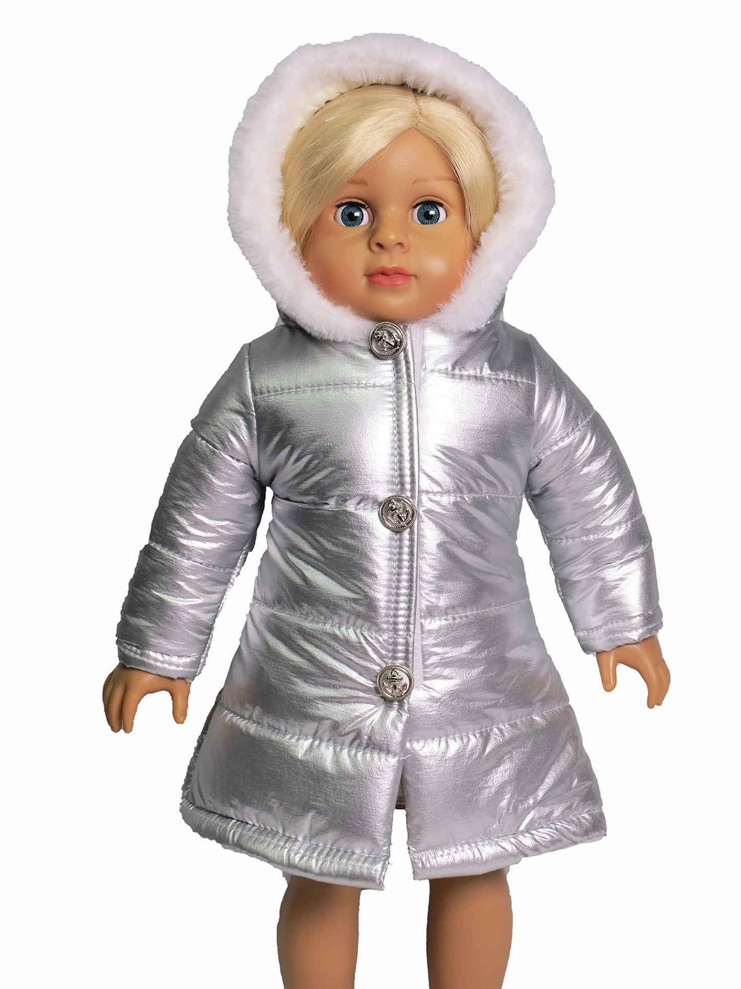 American Fashion World Mettalic Silver Puffer Coat for 18in Doll