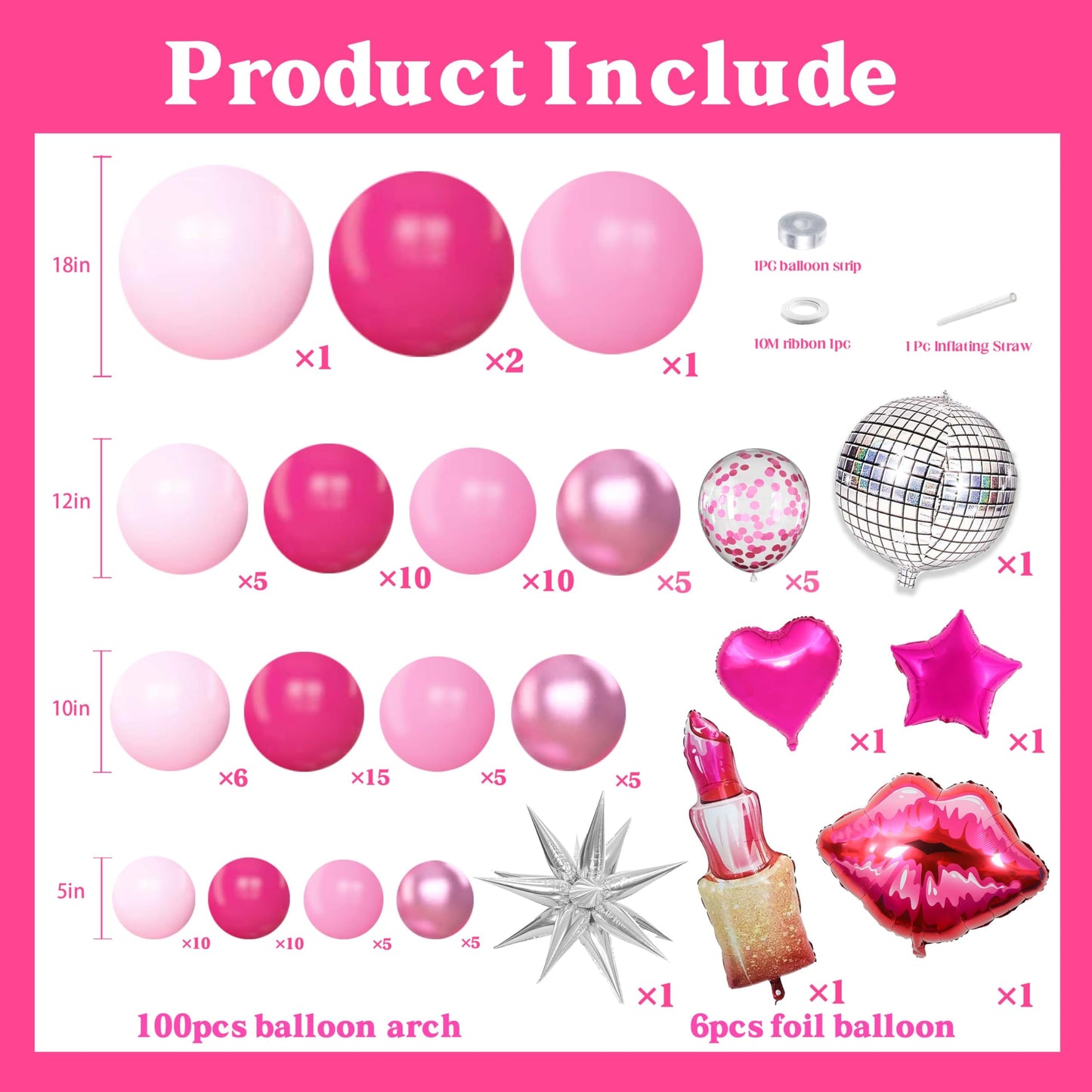 106pcs Hot Pink Balloon Garland Arch Kit with Giant Lipstick, Kiss Lips & Disco Ball Foil Balloons, 18/12/10/5 Inch Metallic Pink & Silver Star