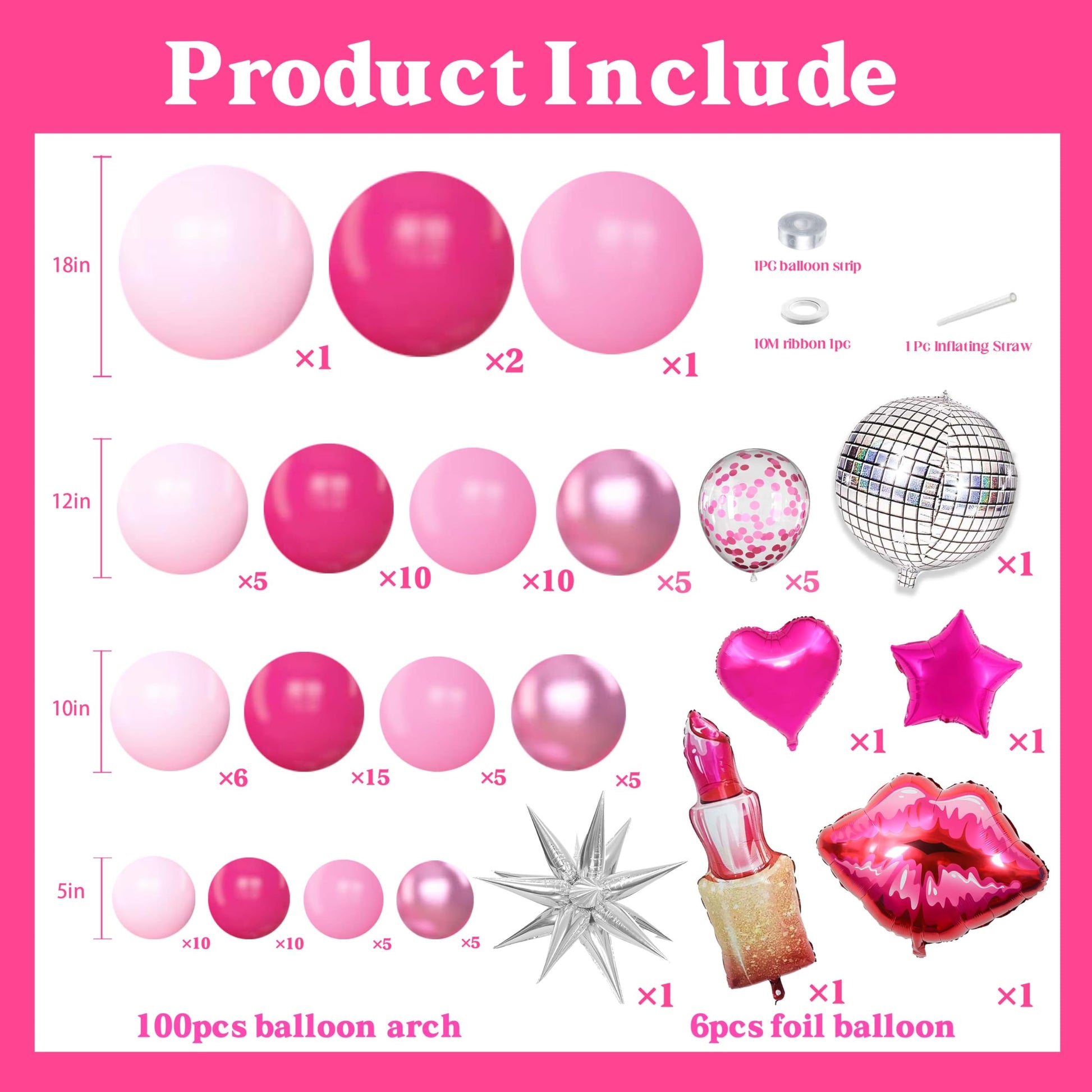 106pcs Hot Pink Balloon Garland Arch Kit with Giant Lipstick, Kiss Lips & Disco Ball Foil Balloons, 18/12/10/5 Inch Metallic Pink & Silver Star
