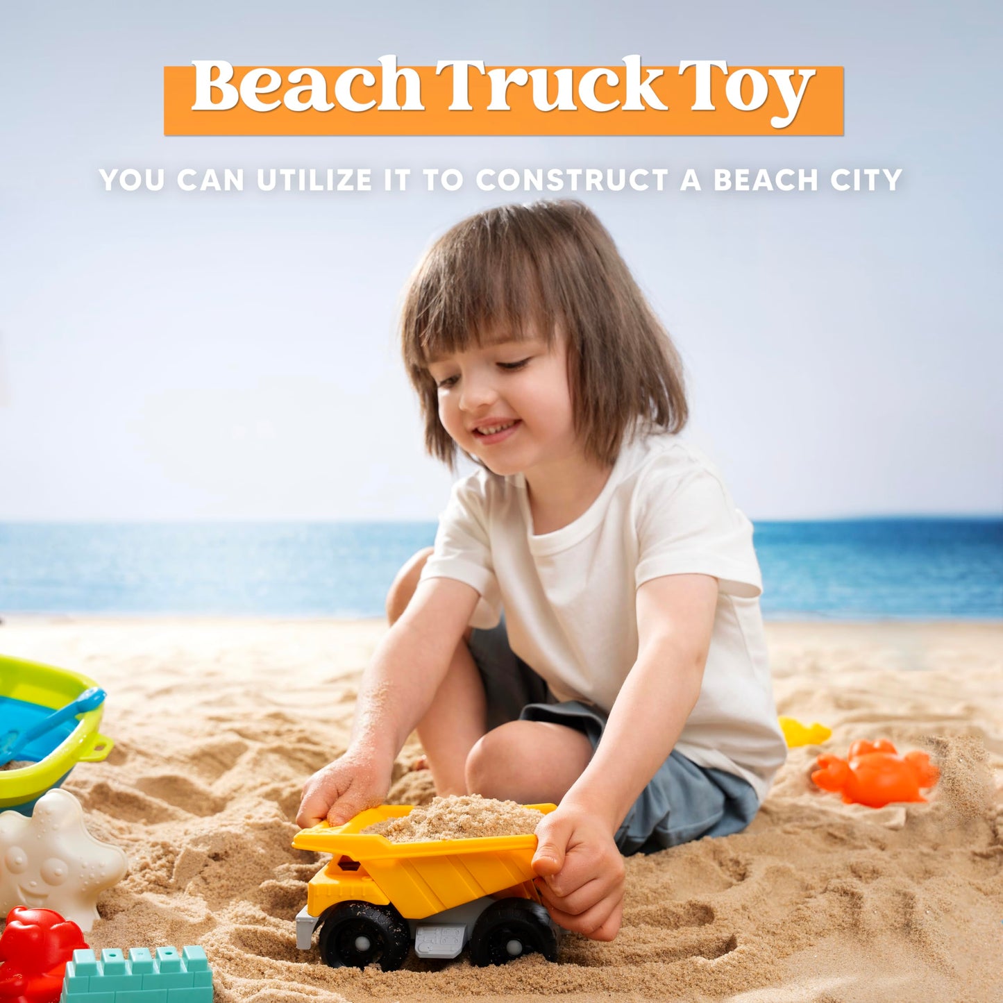 Sloosh Beach Sand Toys Set - Dump Truck Car Toy with Sand Molds for Toddlers Outdoor Play, Collapsible Foldable Buckets Mesh Bag Shovels Castle Animal