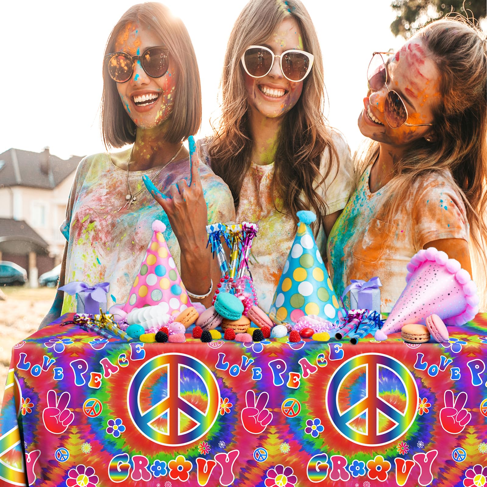 Tie Dye Birthday Party Supplies, 60's Hippie Theme Tablecloth 3Pcs Groovy Hippie Table Cover Peace Love tie dye Table Cloths for Parties