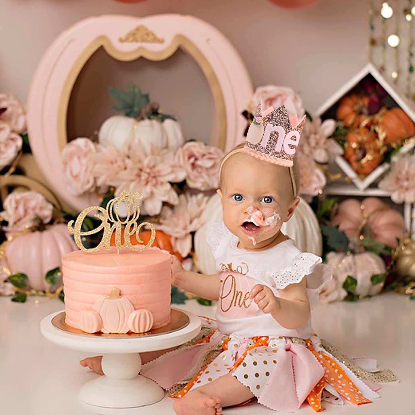 Little Pumpkin First Birthday Crown - Pumpkin Theme Birthday Decorations for Baby Girls, Floral Pumpkin 1st Birthday Crown, Birthday Tiara, Baby Girls
