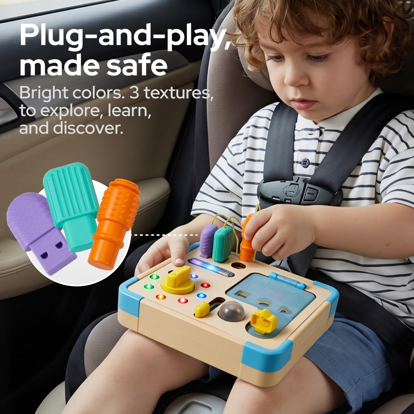 lalalark Busy Board with 15 LED Light - Montessori Learning Toddler Toy with 9 Sounds, 5 Switches & Plugs, Travel Toys Sensory Activity Board for 1 2