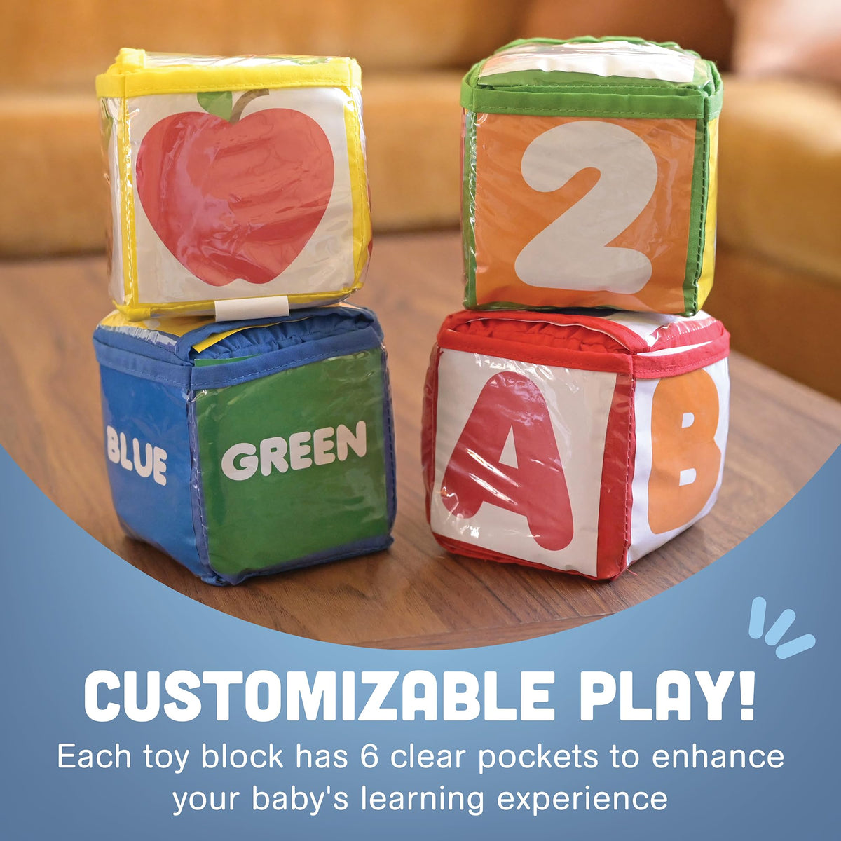 Constructive Playthings Customizable Stacking Block Toys with Clear Pockets for Ages 12 Months+, Toddler Soft Foam Building Blocks, Builds Fine Motor