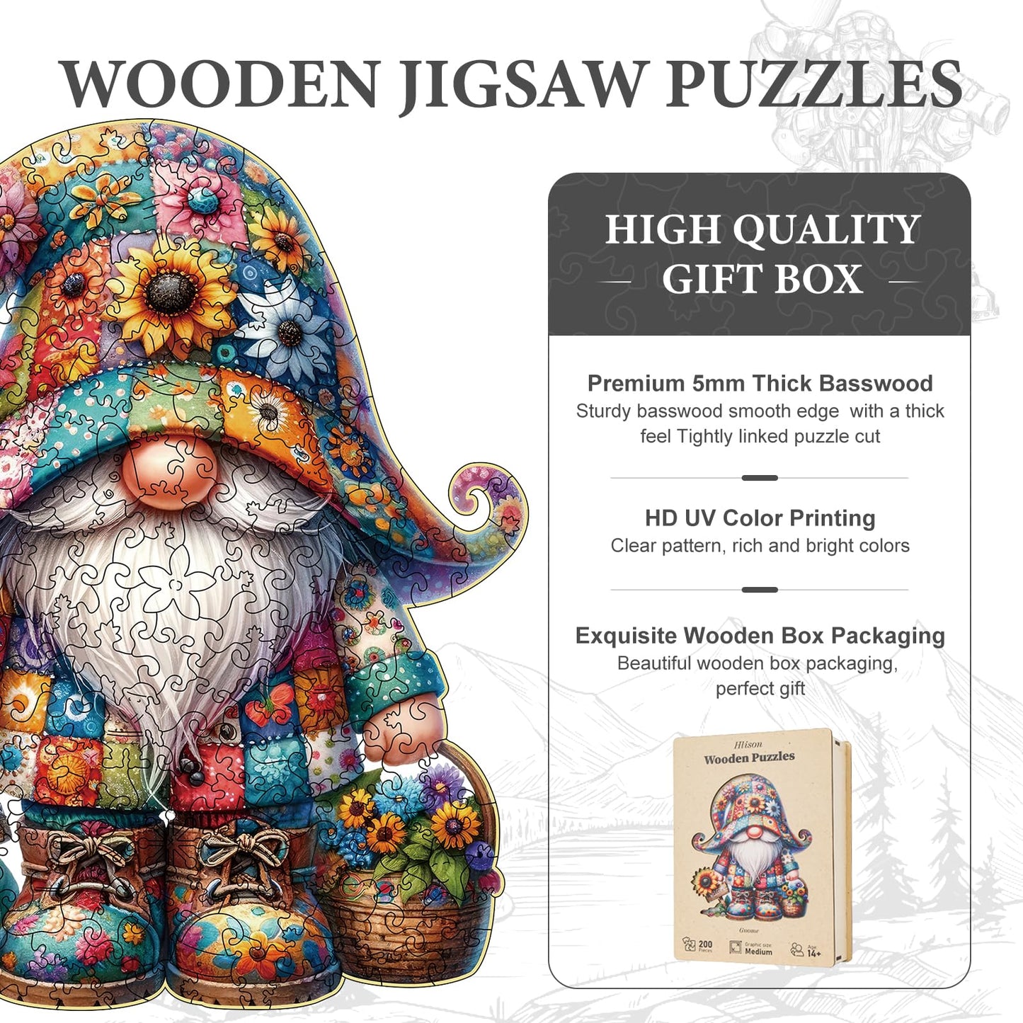 Hlison Wooden Jigsaw Puzzles, Gnome Wooden Puzzles for Adults with Unique Shape, Medium 10.3"x11.8" Wooden Puzzles with Exquisite Wooden Box Packaging
