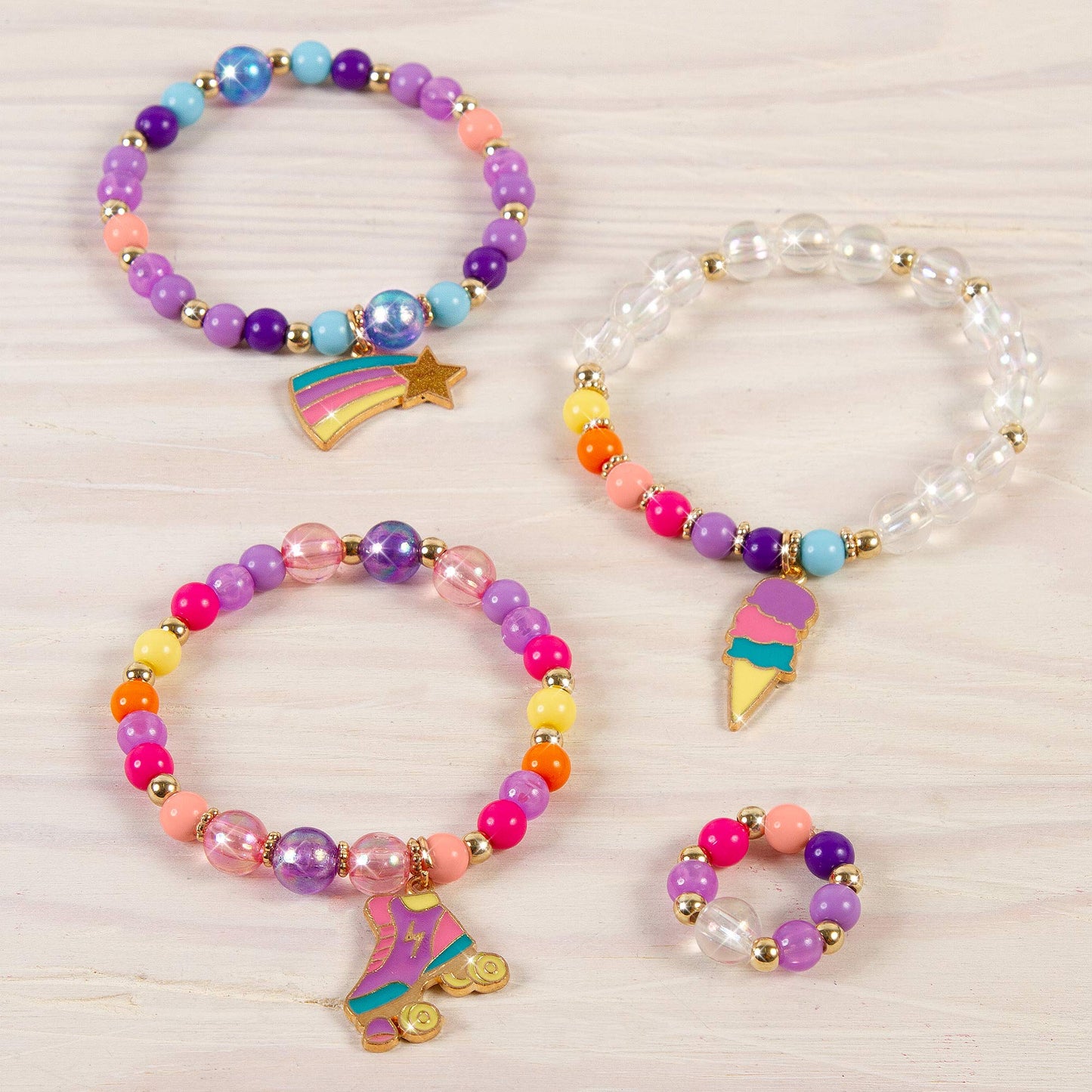 Make It Real: Rainbow Dream Jewelry Kit - Create 3 Unique Charm Bracelets & A Ring, 123 Pieces, Includes Play Tray, All-in-One, DIY Colorful Bead