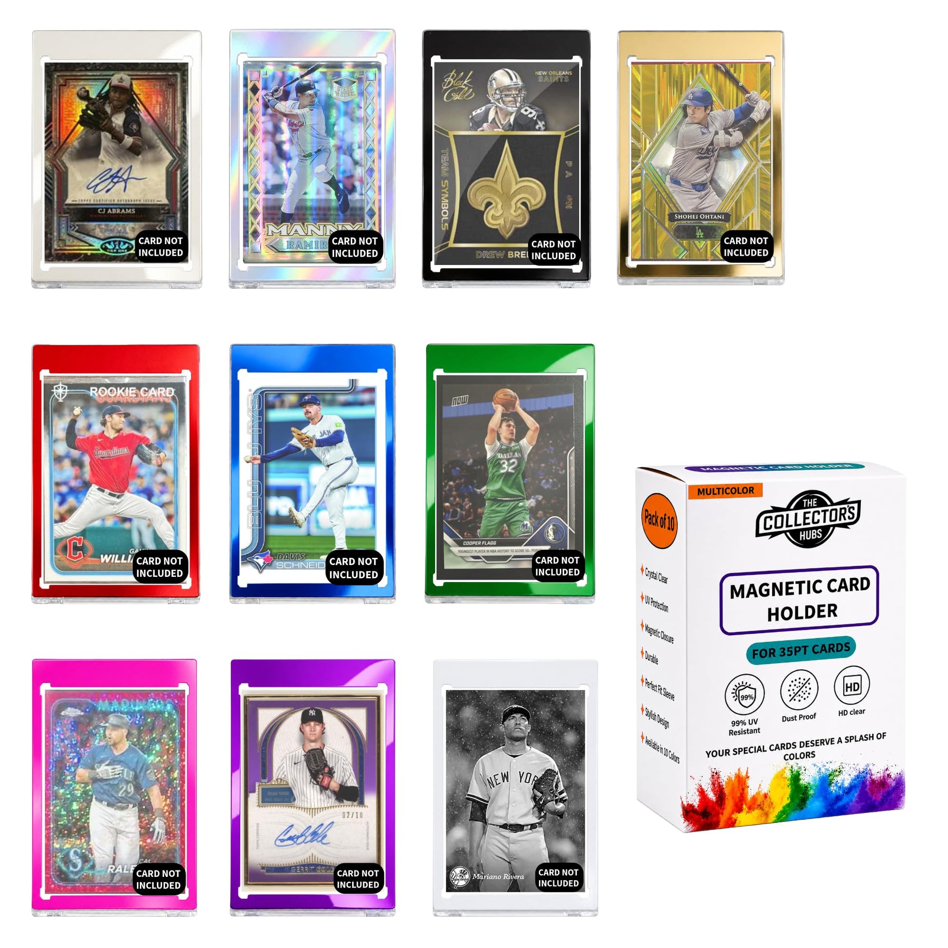 10 Colored Magnetic Card Holders - 35pt One Touch Card Holder | 99.9% UV Resistant Hard Plastic Case | Baseball Card Holder - Glossy, HD Clear