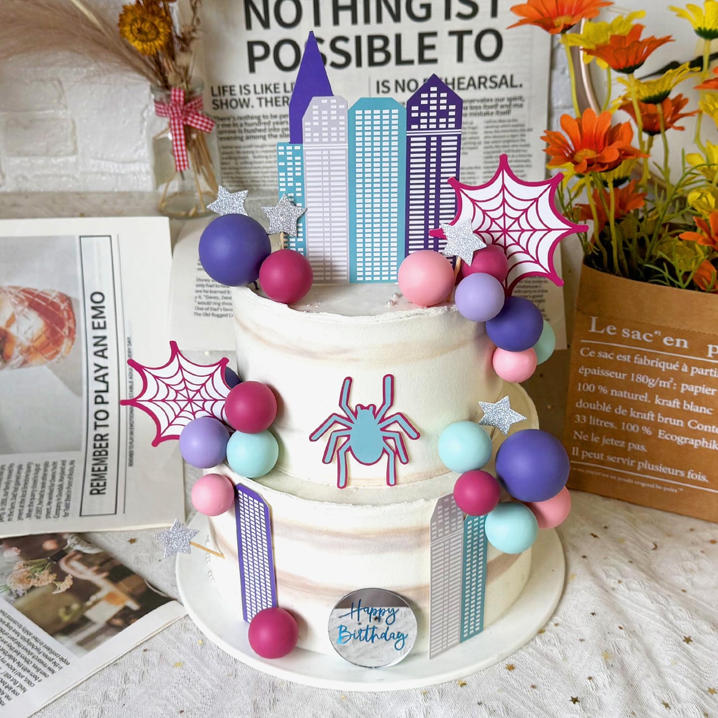 Spider Cake Topper with Pink Spider Web Balls Stars for Animal Themed Birthday