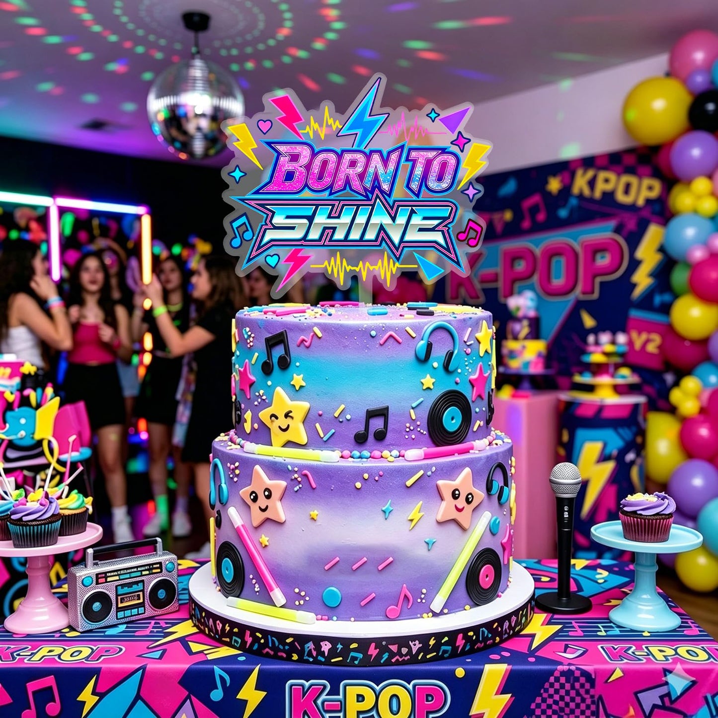Kpop Cake Topper, Born to Shine Music Party Cake Decorations Supplies