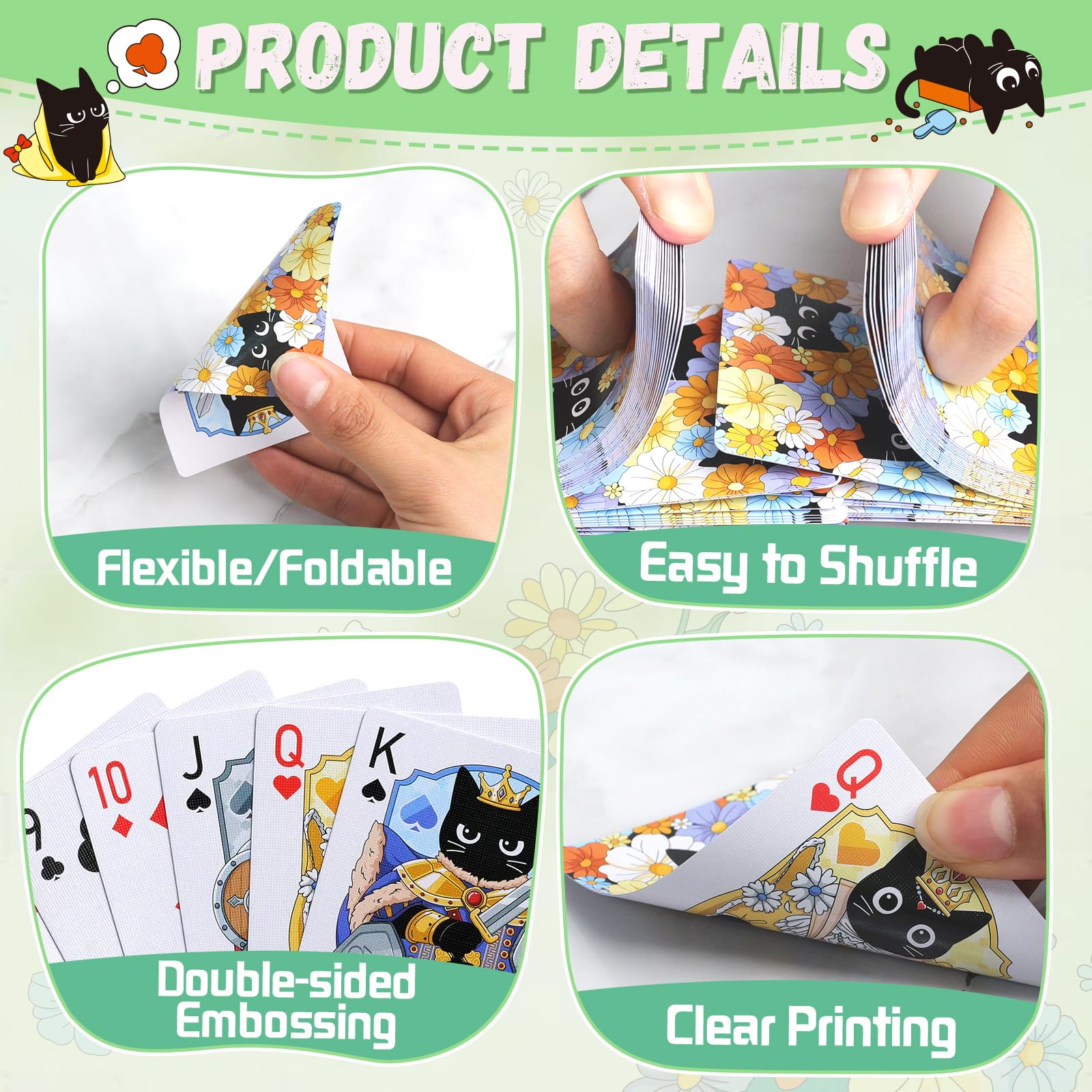 Wkchxd Playing Cards, Cute Black Cat Playing Cards, Floral Cats Themed Deck of Cards for Game Nights, Premium Standard Size Poker Cards for Card