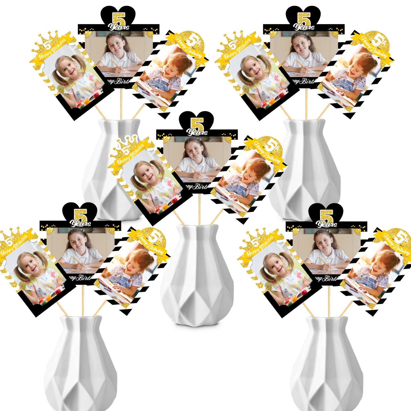 MEFENG 15Pcs 5th Birthday Picture Centerpiece Sticks - Black Gold - Photo Table Toppers for Kids - Happy 5 Years Old Party Supplies