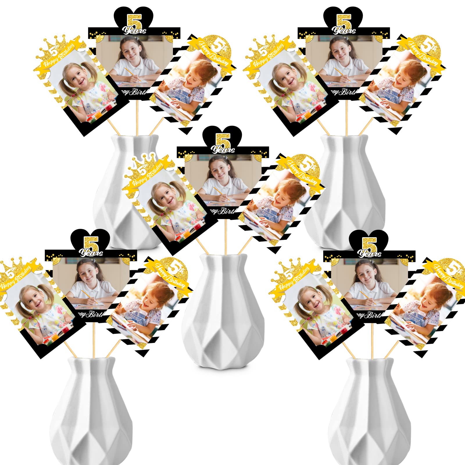 MEFENG 15Pcs 5th Birthday Picture Centerpiece Sticks - Black Gold - Photo Table Toppers for Kids - Happy 5 Years Old Party Supplies