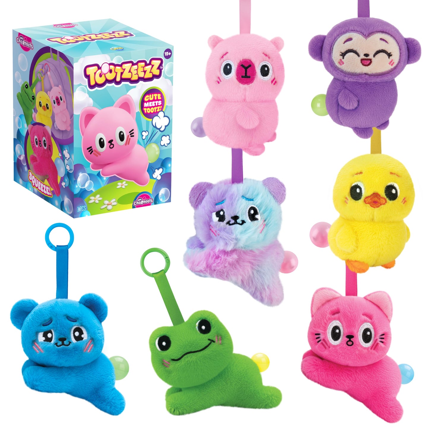 ORB Tootzeez Animals Plush Blind Box Keychain Charms - 1 Assorted Tootzeez Animal Fidget Plush Toy Charm - Squeeze for an Cute Toot Bubble