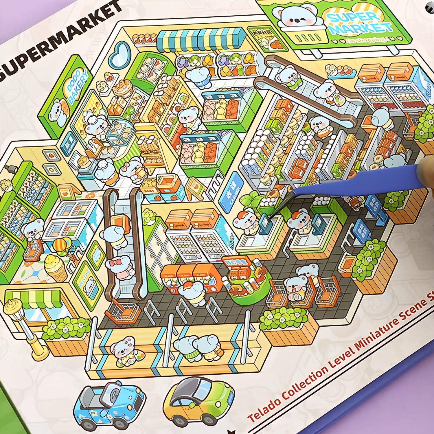 12 Sets 3D Scene Sticker Books for Adult Kids Teenager,3D Miniature Stickers Therapy for Adult Relief Stress Pass Time,Super Markets,Clothing