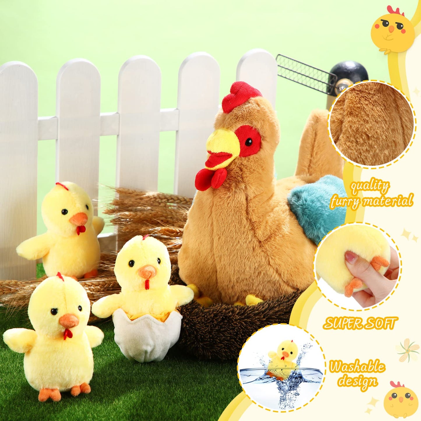 Skylety 6 Pcs Chicken Stuffed Animal with Baby Chicks Inside Chicken Plush Toy for Kids Stuffed Animal Egg Laying Hen with Zippered Belly Farm Plushie