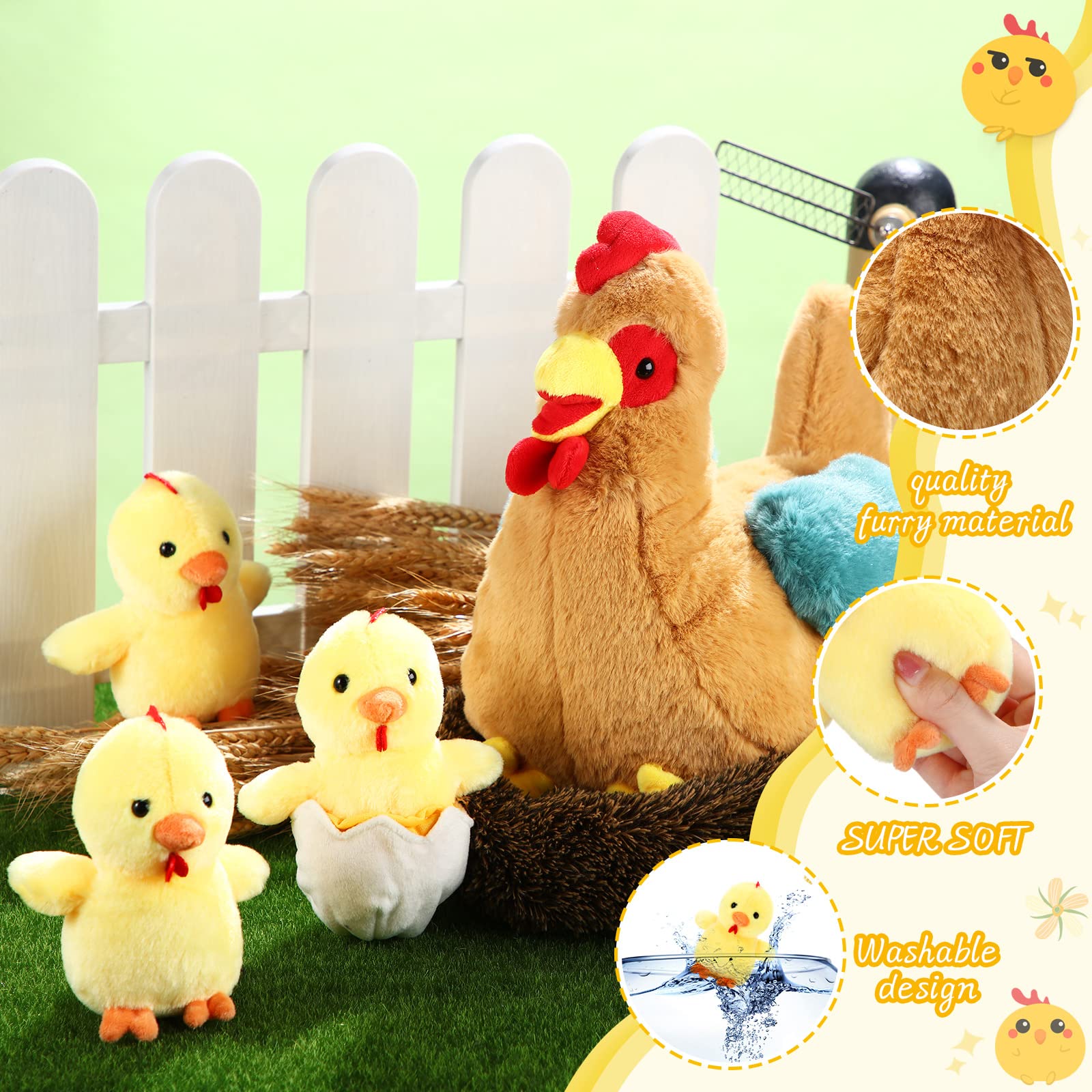 Skylety 6 Pcs Chicken Stuffed Animal with Baby Chicks Inside Chicken Plush Toy for Kids Stuffed Animal Egg Laying Hen with Zippered Belly Farm Plushie