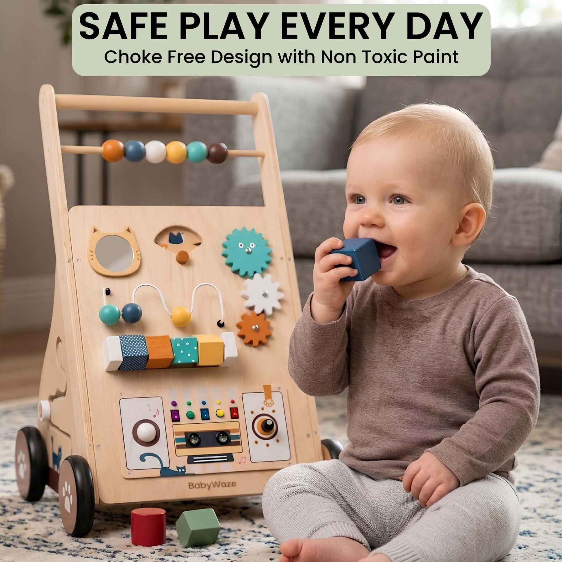 Babywaze Baby Walker with Wheels - Adjustable Speed Wooden Push Walker for Babies 9-18 Months, 3in1 Montessori Sit to Stand Learning Toy with Musical