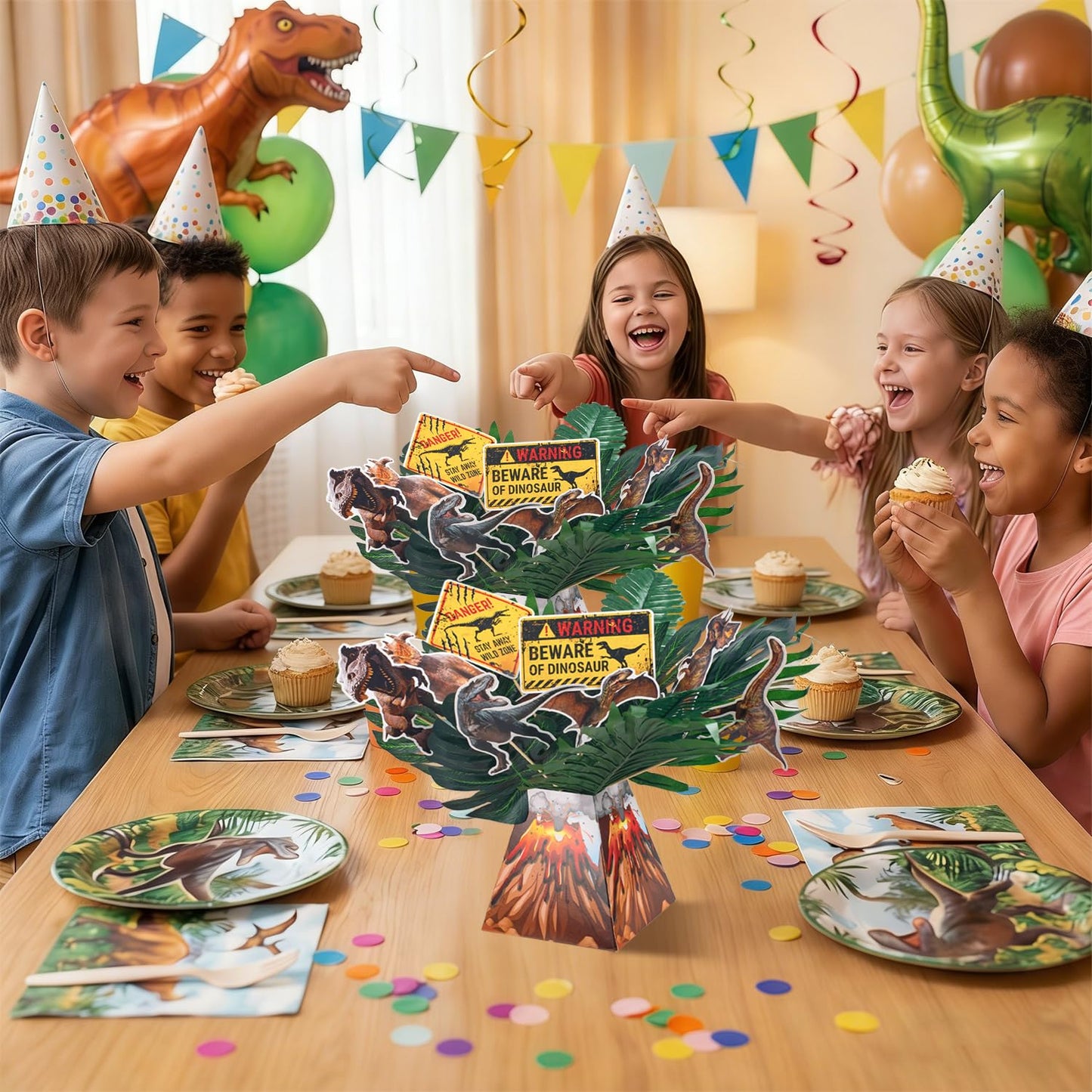 Dinosaur Party Table Centerpieces Decorations - 6 Sets Volcano Paper Bucket Centerpieces with Dinosaur Table Topper Sticks, Realistic Tropical Leaves