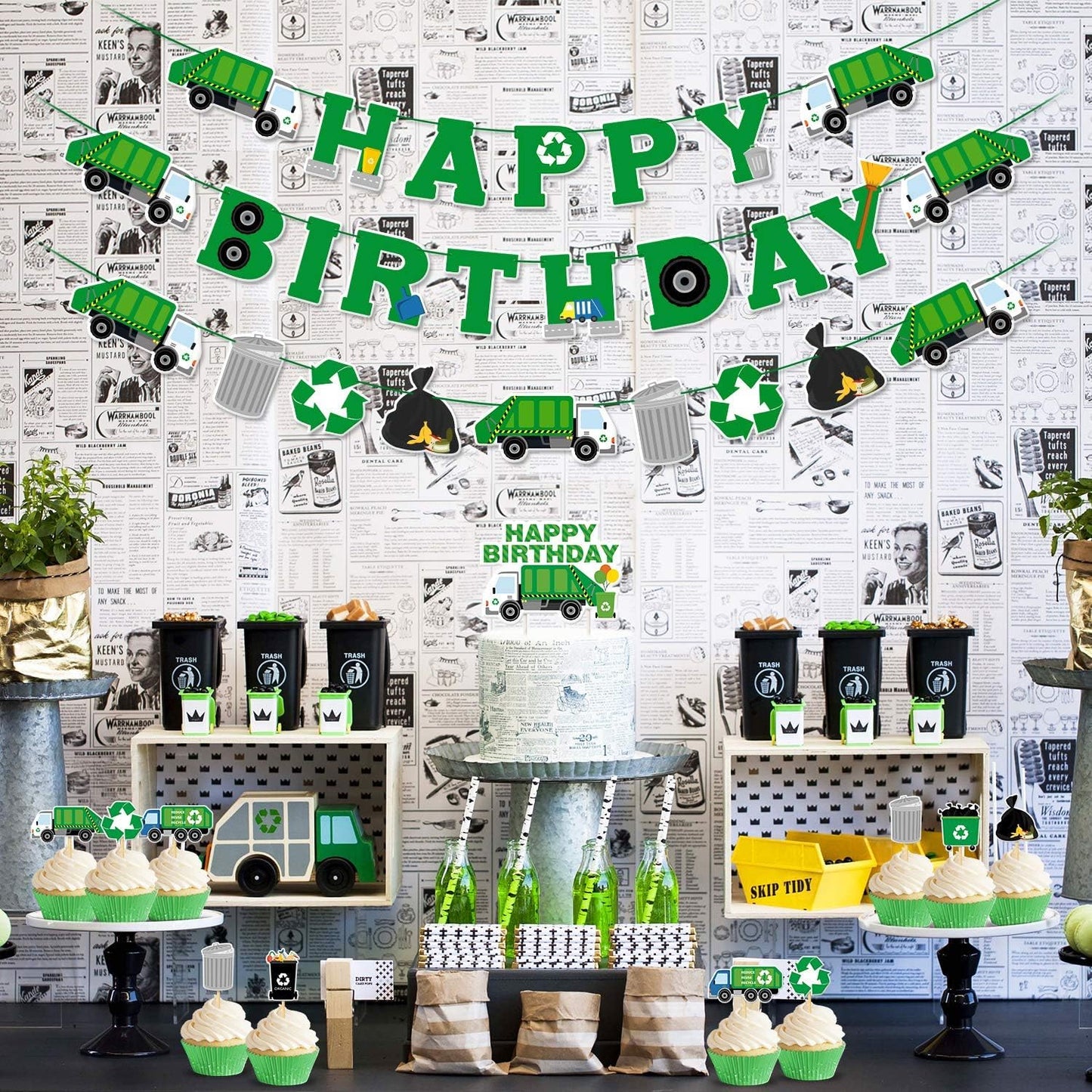 Bessmoso 56 Pcs Garbage Truck Birthday Decoration Trash Truck Birthday Banner, Latex Balloons, Cake Topper, Cupcake Toppers Trash Waste Management