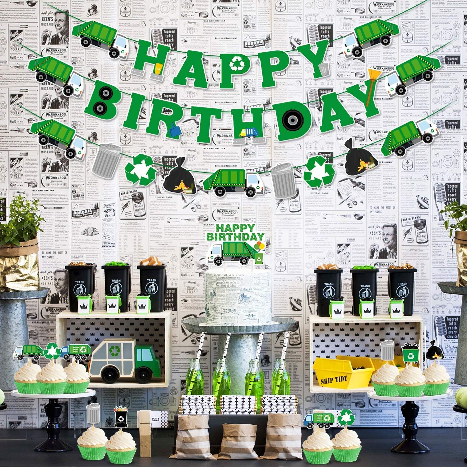 Bessmoso 56 Pcs Garbage Truck Birthday Decoration Trash Truck Birthday Banner, Latex Balloons, Cake Topper, Cupcake Toppers Trash Waste Management