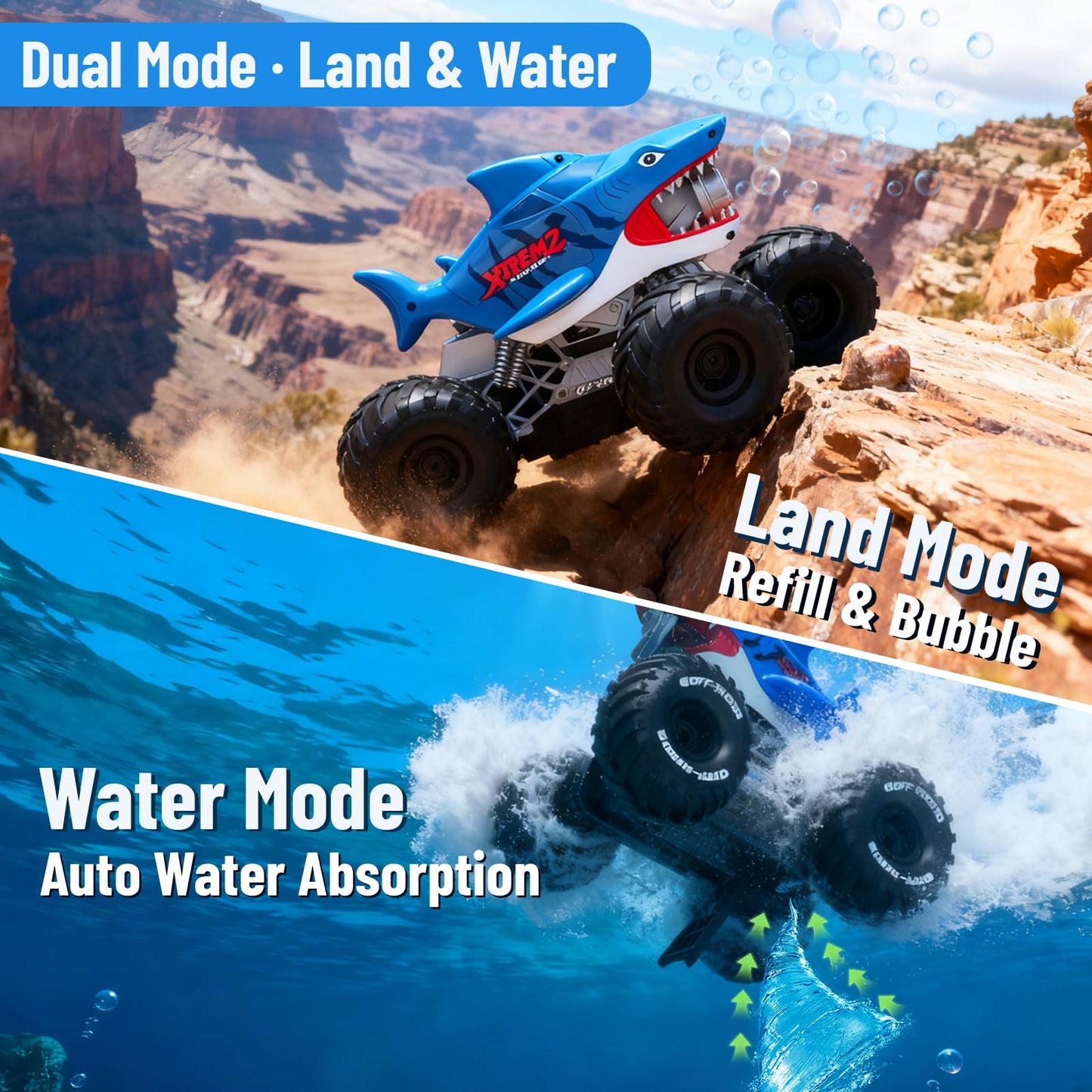 MOMONOVA Amphibious RC Monster Truck Toy with Bubble Maker for Kids 4-7 8-12, 4WD All-Terrain Waterproof Shark Remote Control Car Truck, 360°