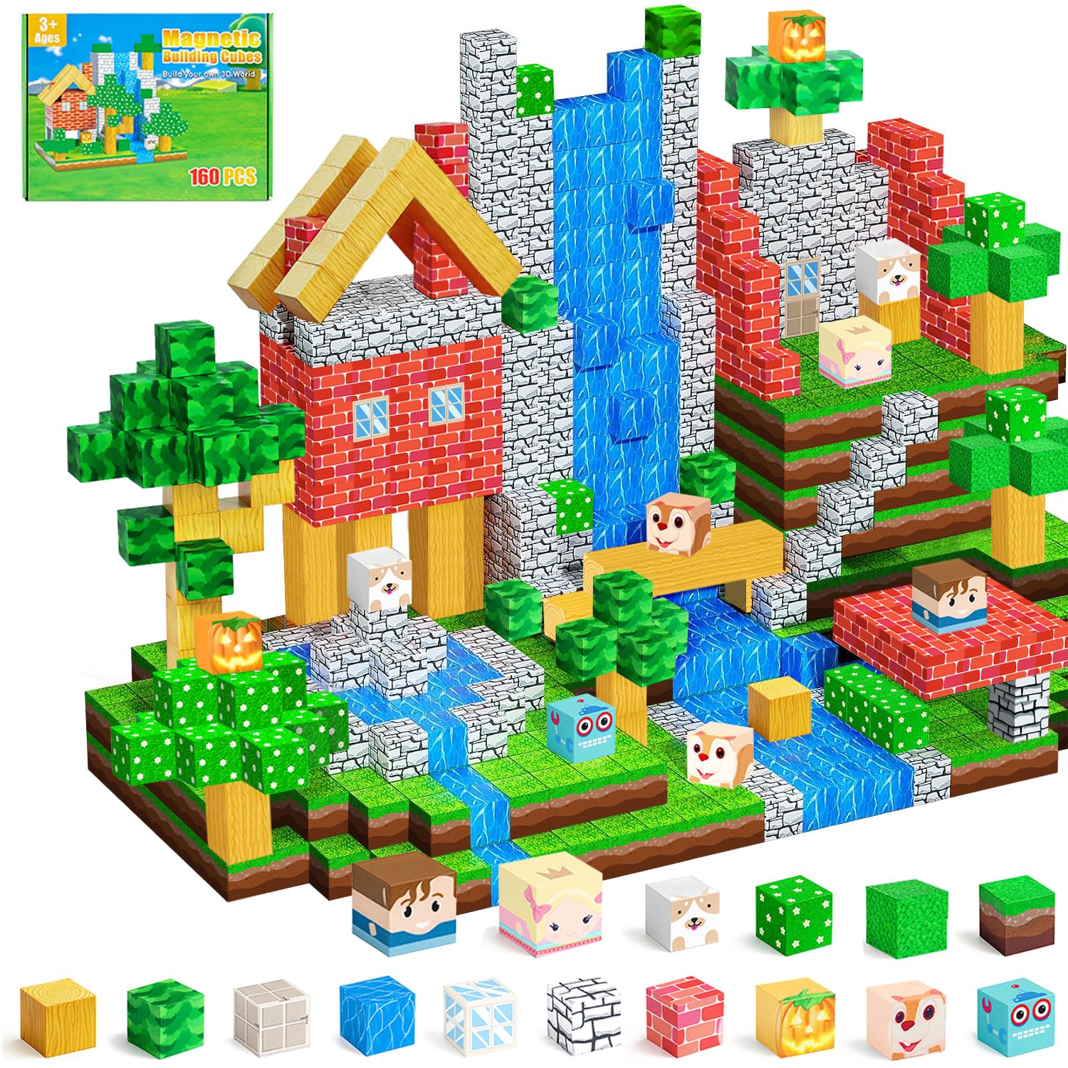carlle Magnetic Building Blocks 160PCS Magnet Cubes Toys, Build 3D Forest World Set, STEM Montessori Sensory Toys for Kids Boys and Girls Ages 3-5 4-8