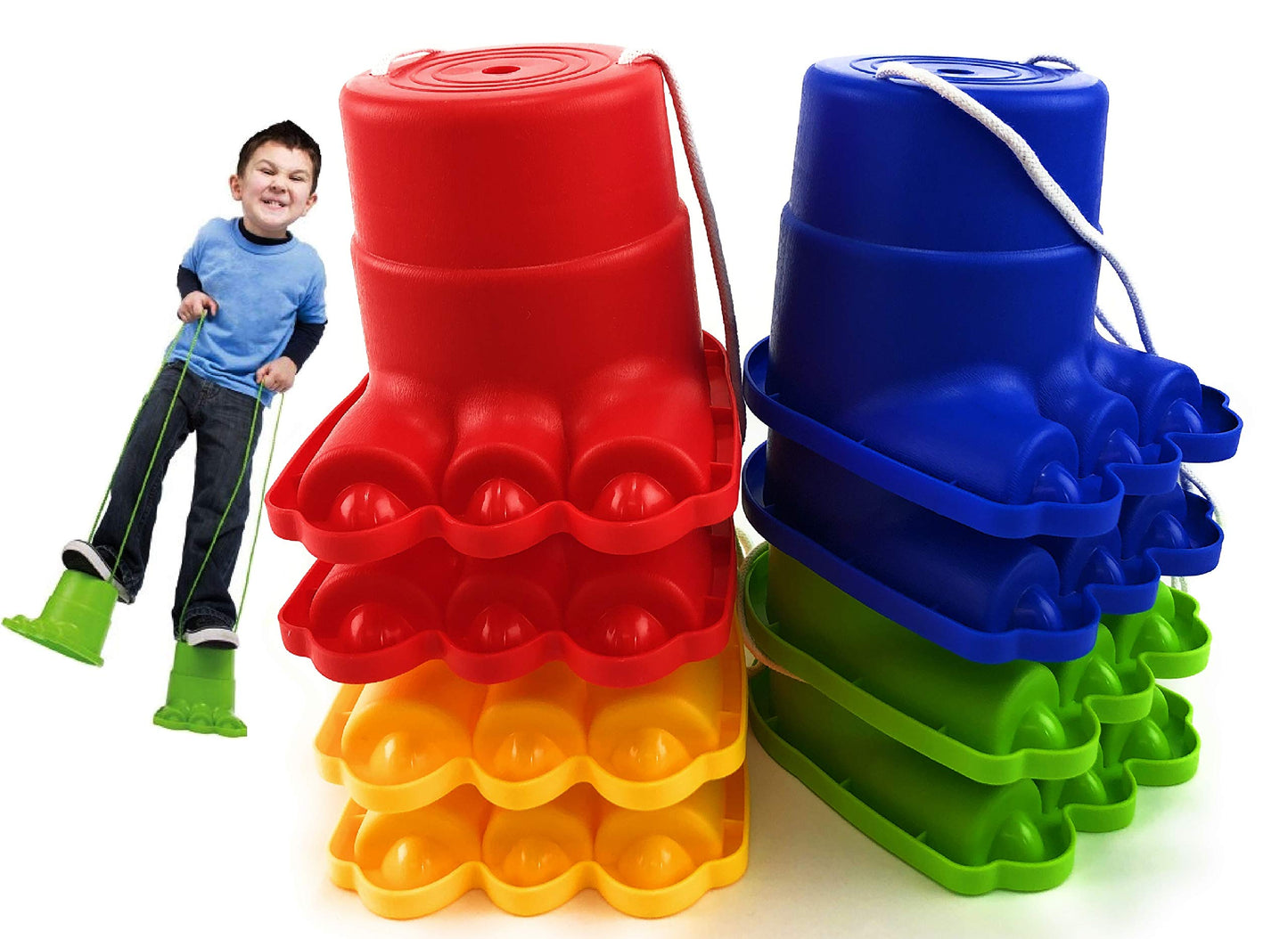 Matty's Toy Stop Monster Feet Plastic Balancing Stilts 4.75" (Red, Blue, Green & Yellow) Gift Set Bundle - 4 Pairs (8 Stilts Total)