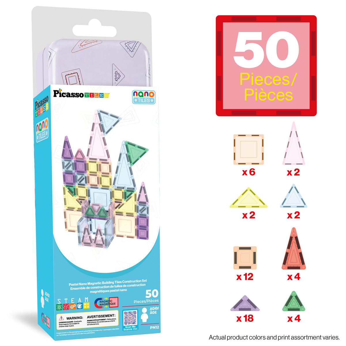 PicassoTiles 50PC Magnetic Tiles Travel Set Nano + Original Size Construction Building Block 2-in-1 Tile Collection with Tin Box Storage Case