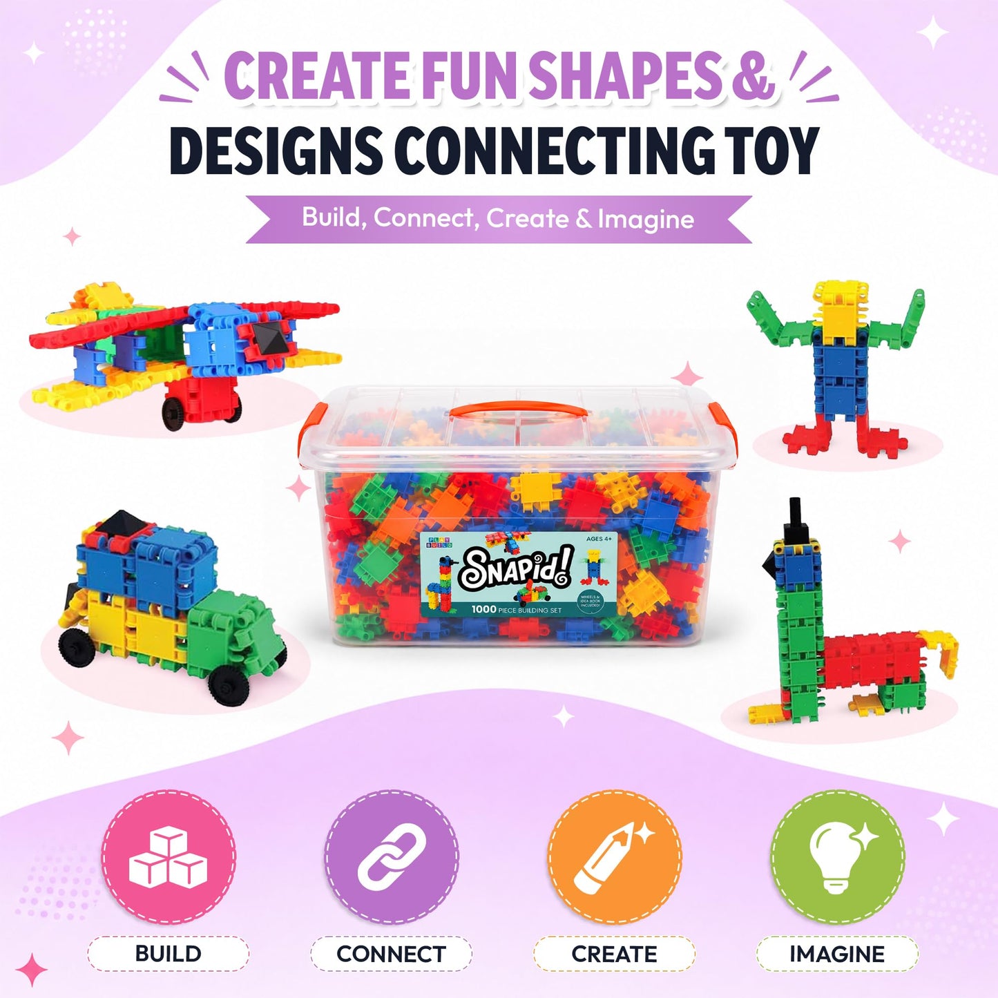 Snapid Building Bricks 1000 Pcs Connecting Toy - Strong Durable Colorful Block Set w Storage, Interlinking Construction Blocks for Kids - STEM