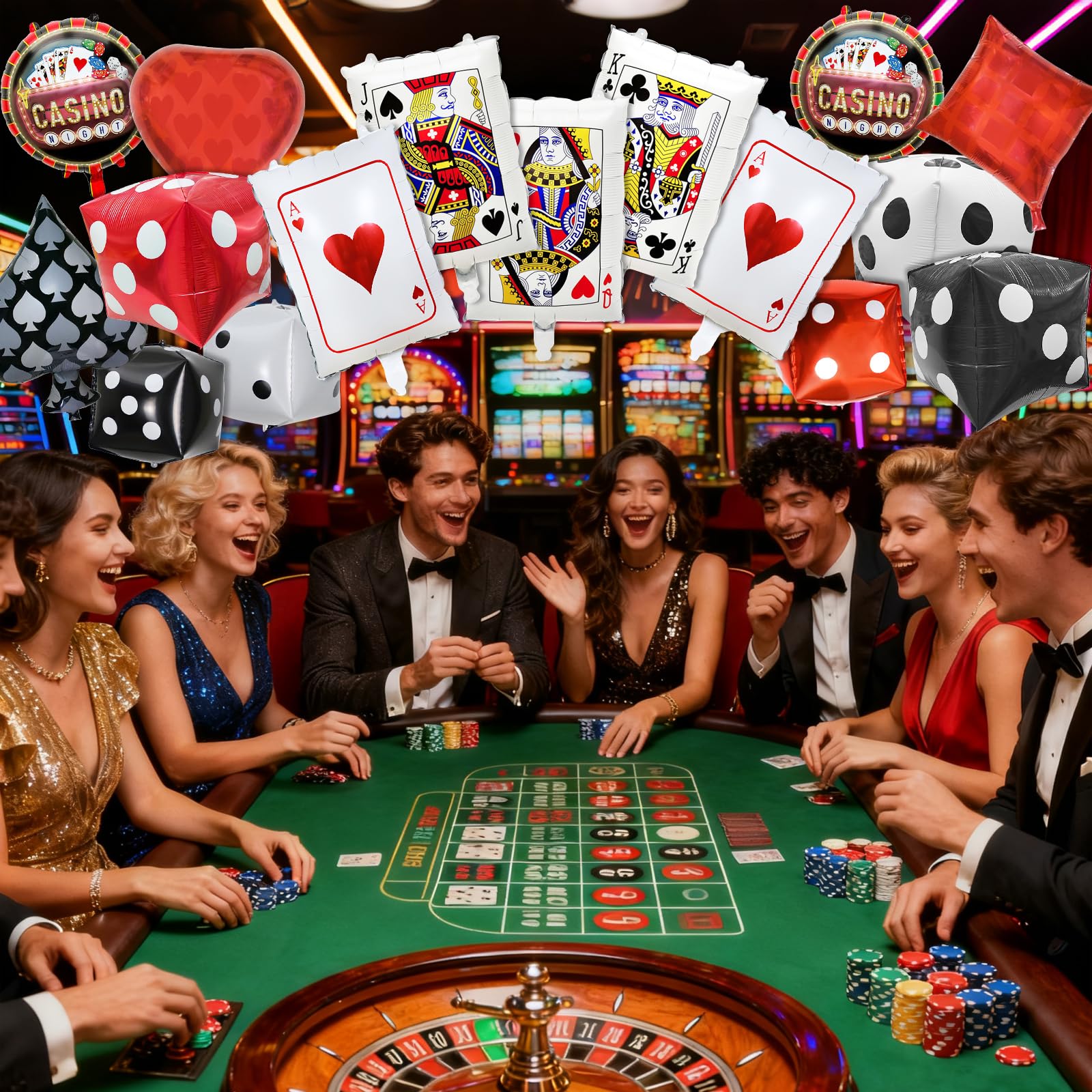 PAKESI 17Pcs Casino Night Balloons Set, Giant 24in Dice & Poker Cards Foil