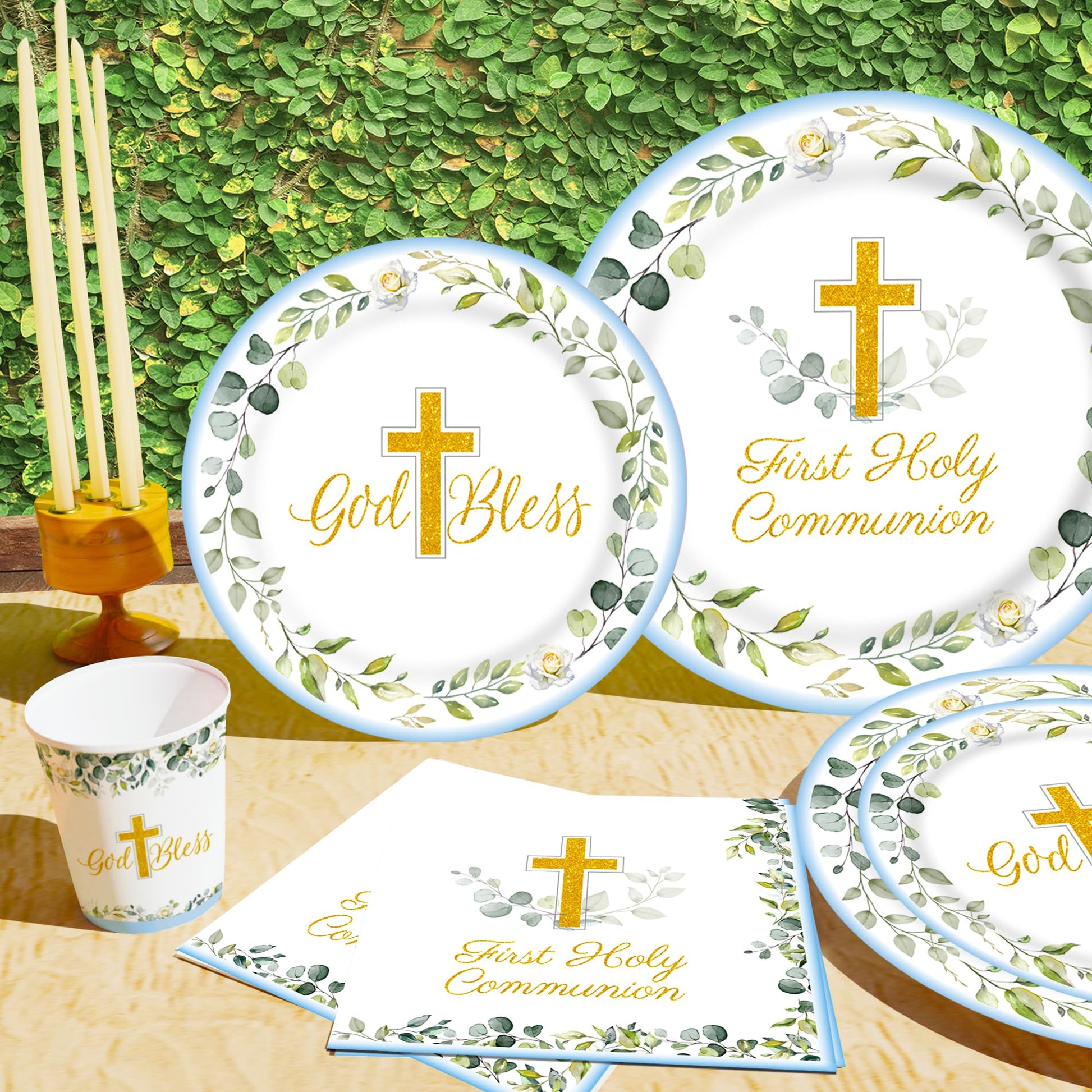 First Communion Decorations,Paper Plates and Napkins Set(Serves 25),Blue First Communion Decorations Mi Primera Comunion Party Decorations Included