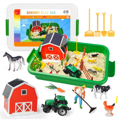 Carolart Farm Sensory Bin with Sensory Sand, Barn Toys & Tractor