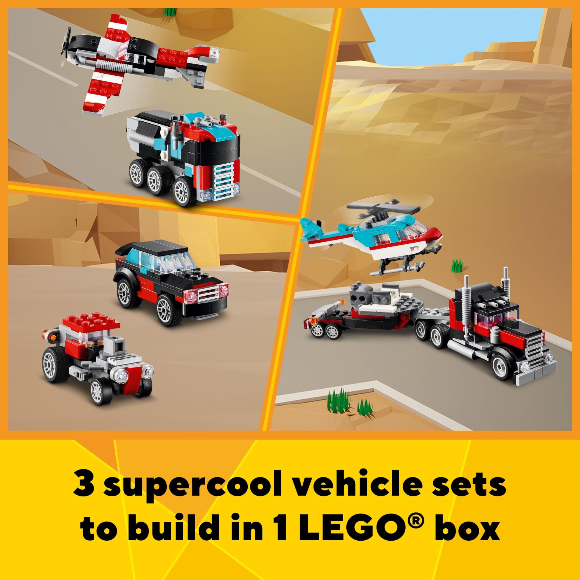 LEGO Creator 3 in 1 Flatbed Truck with Helicopter Toy, Transforms from Flatbed Truck Toy to Propeller Plane to Hot Rod and SUV Cars, Gift Idea