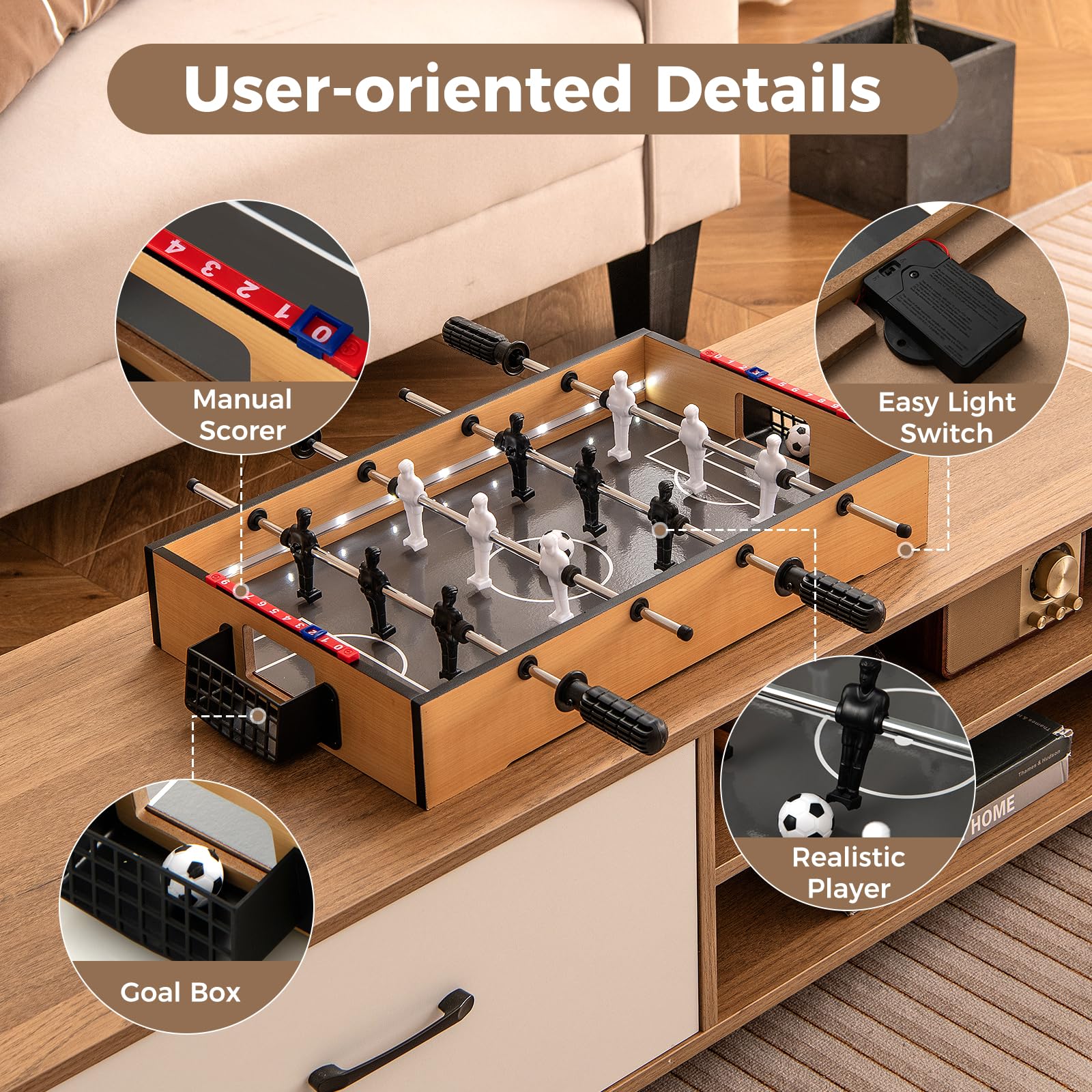 Goplus Foosball Table, 20 Inch Mini Soccer Game Table with LED Lights, 2 Footballs, Non-Slip Handle, Indoor Portable Table Top Football Table for Kids