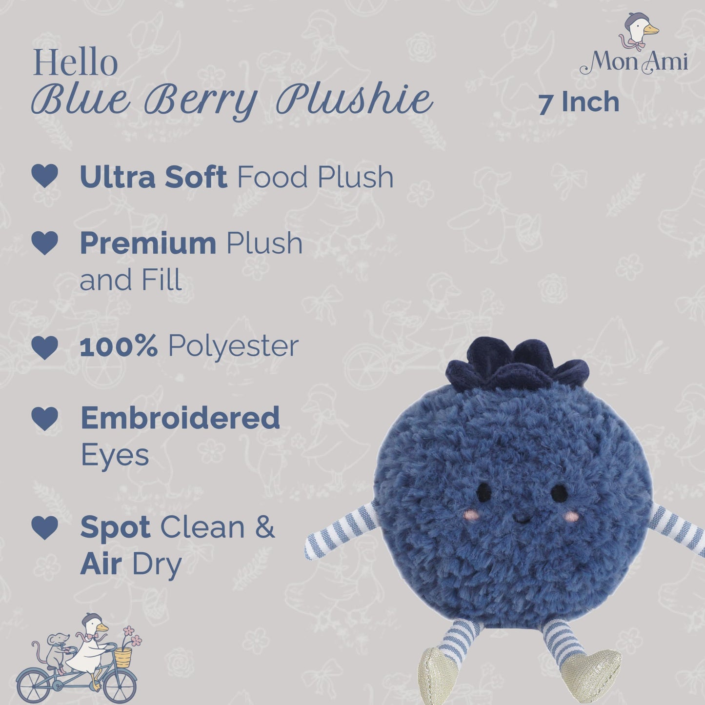 MON AMI Blue Berry Fruit Plush Toy, 7-Inch Soft Blueberry Stuffed Gift