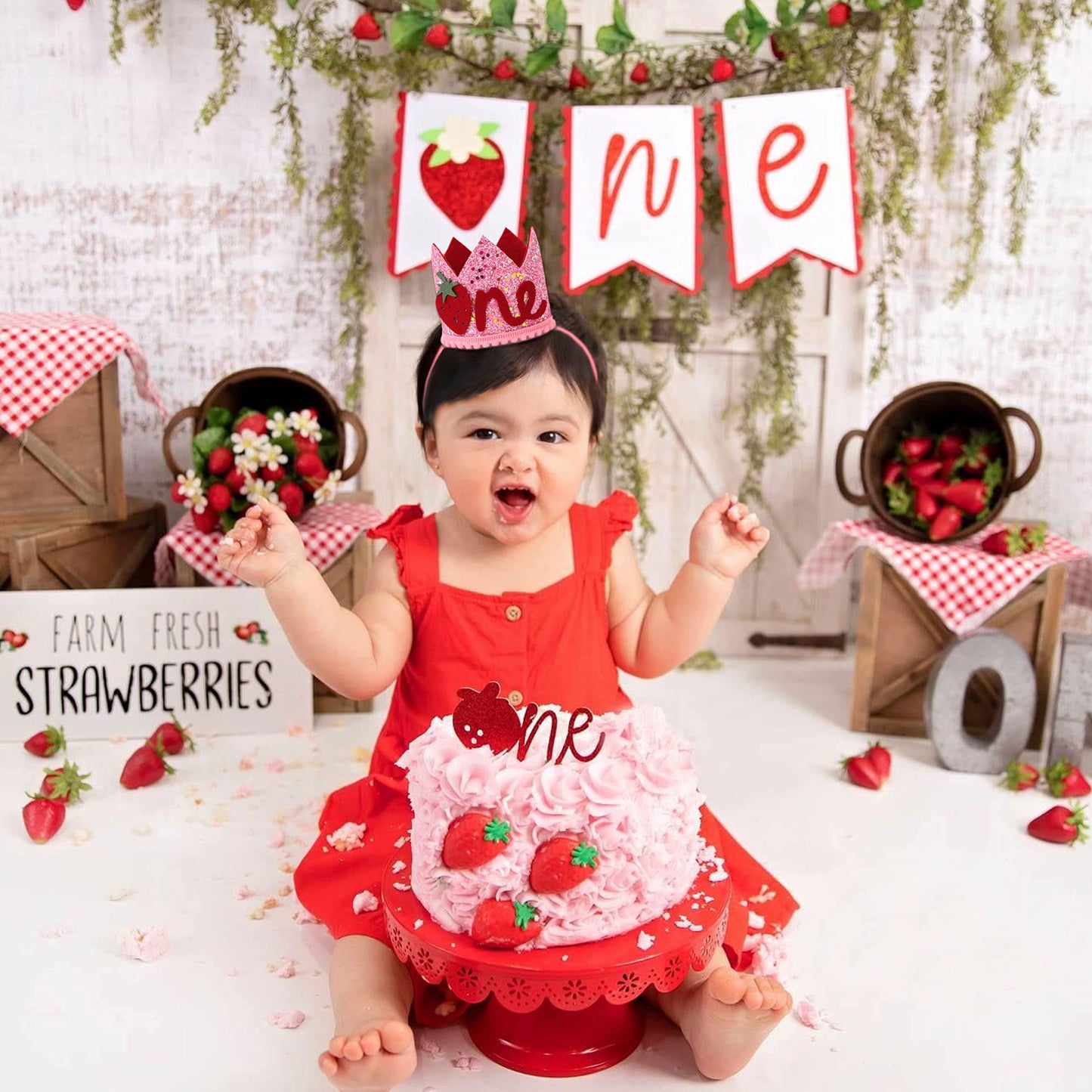 MADENG Pink Strawberry Hat/Crown - First Birthday Decoration, Berry Sweet Cake Smash Prop, Party Supplies Backdrop for Baby Girl