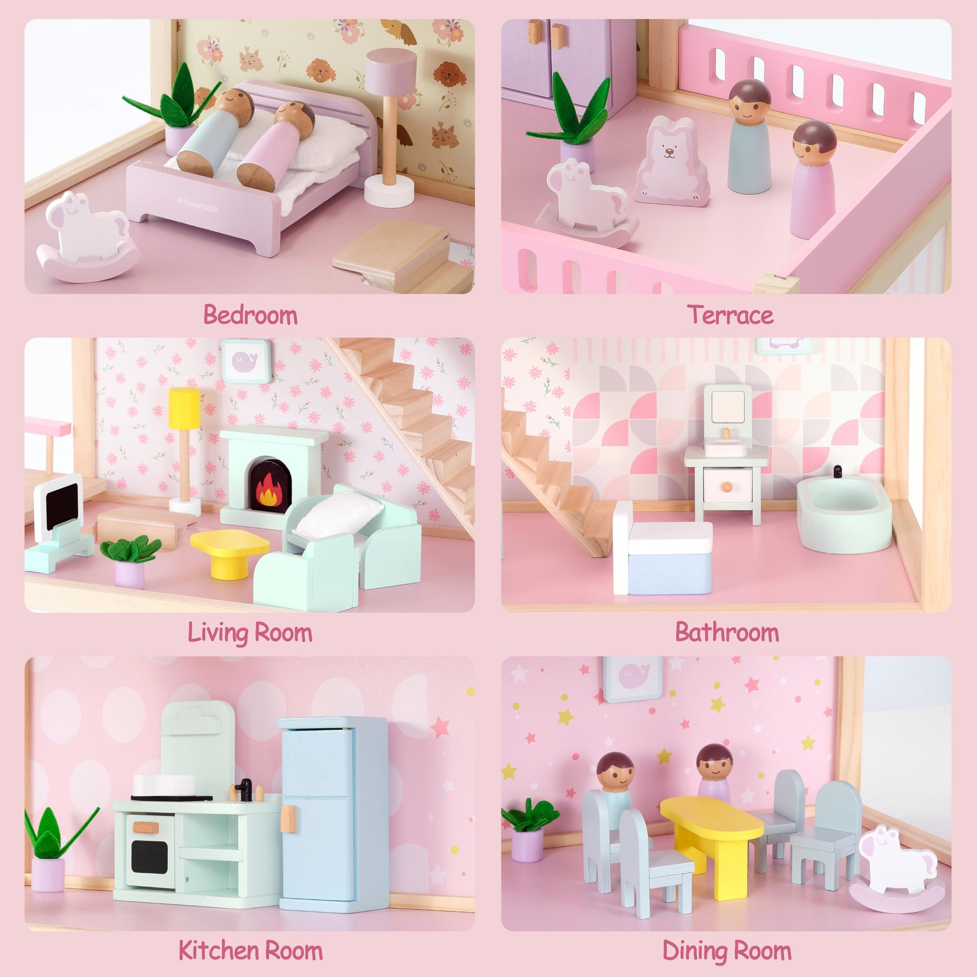 Pillowhale Wooden Dollhouse for Girls 3-Story Open Layout Playhouse with Furniture Accessories Pretend Play Role-Playing Toy Birthday Gift for Kids