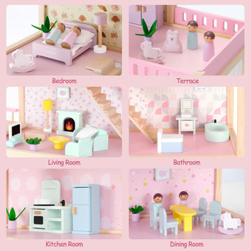Pillowhale Wooden Dollhouse for Girls 3-Story Open Layout Playhouse with Furniture Accessories Pretend Play Role-Playing Toy Birthday Gift for Kids
