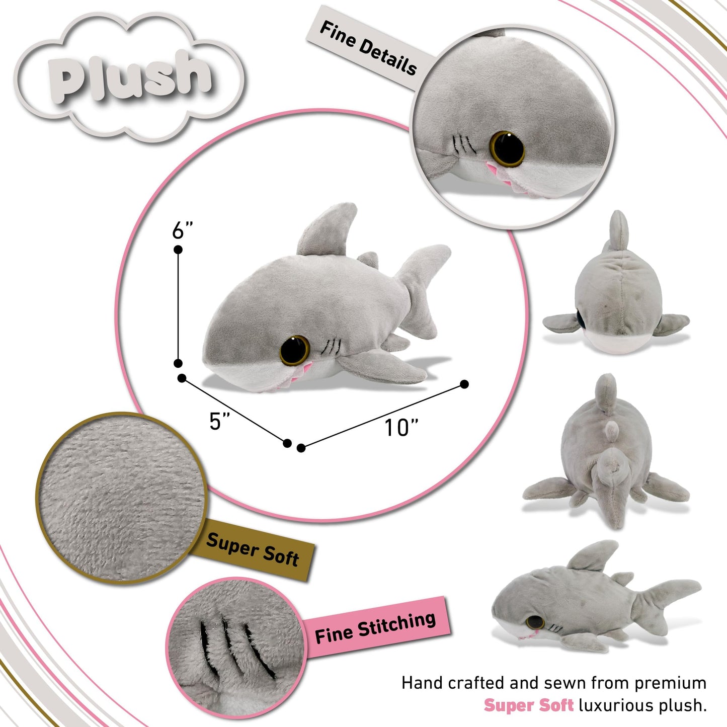 Puzzled Plush Shark Stuffed Animal - Soft Huggable Big Eyes Grey Shark, Adorable Playtime Shark Plush Toy, Cute Sea Life Cuddle Gifts, Soft Plush Doll