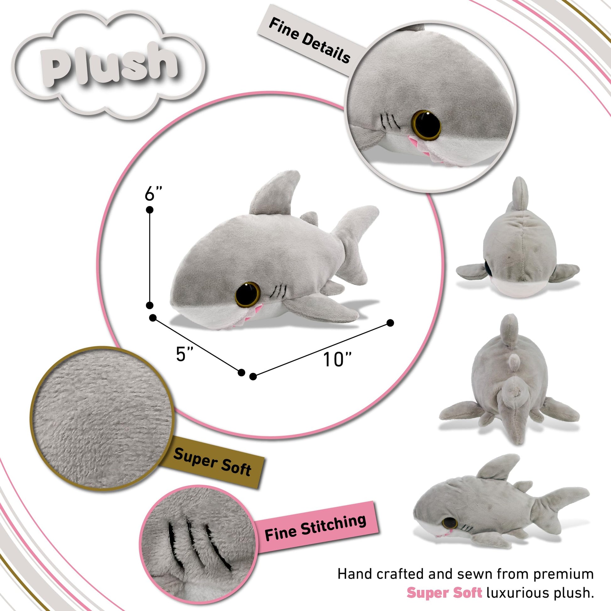 Puzzled Plush Shark Stuffed Animal - Soft Huggable Big Eyes Grey Shark, Adorable Playtime Shark Plush Toy, Cute Sea Life Cuddle Gifts, Soft Plush Doll