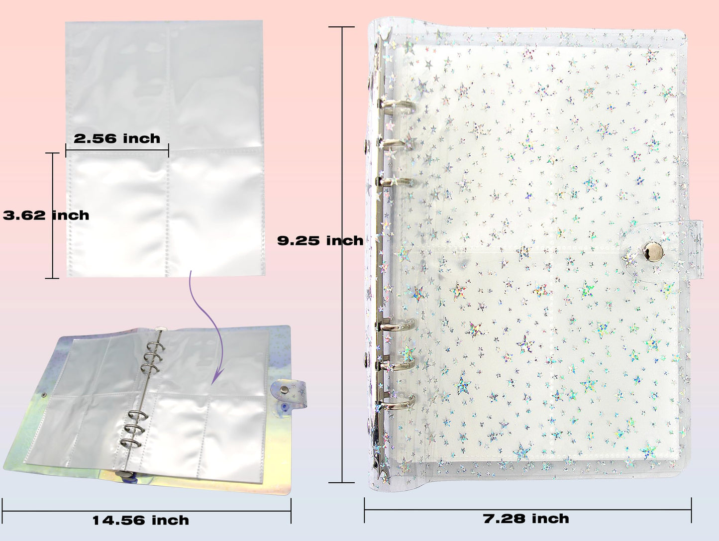 JIEADJIE Kpop Photocard Holder Book Set A5 Binder Photocard Album 6 Ring, Suit for 200 Cards 3 Inch Photo,with 50 Pcs Laser Flashing Card Sleeves,with