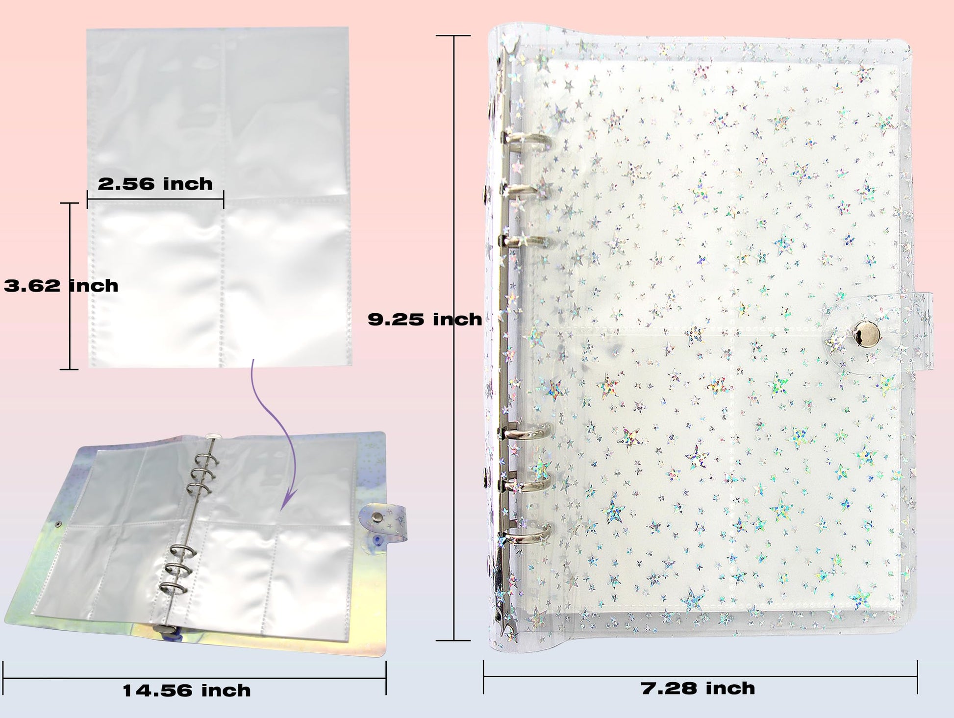 JIEADJIE Kpop Photocard Holder Book Set A5 Binder Photocard Album 6 Ring, Suit for 200 Cards 3 Inch Photo,with 50 Pcs Laser Flashing Card Sleeves,with