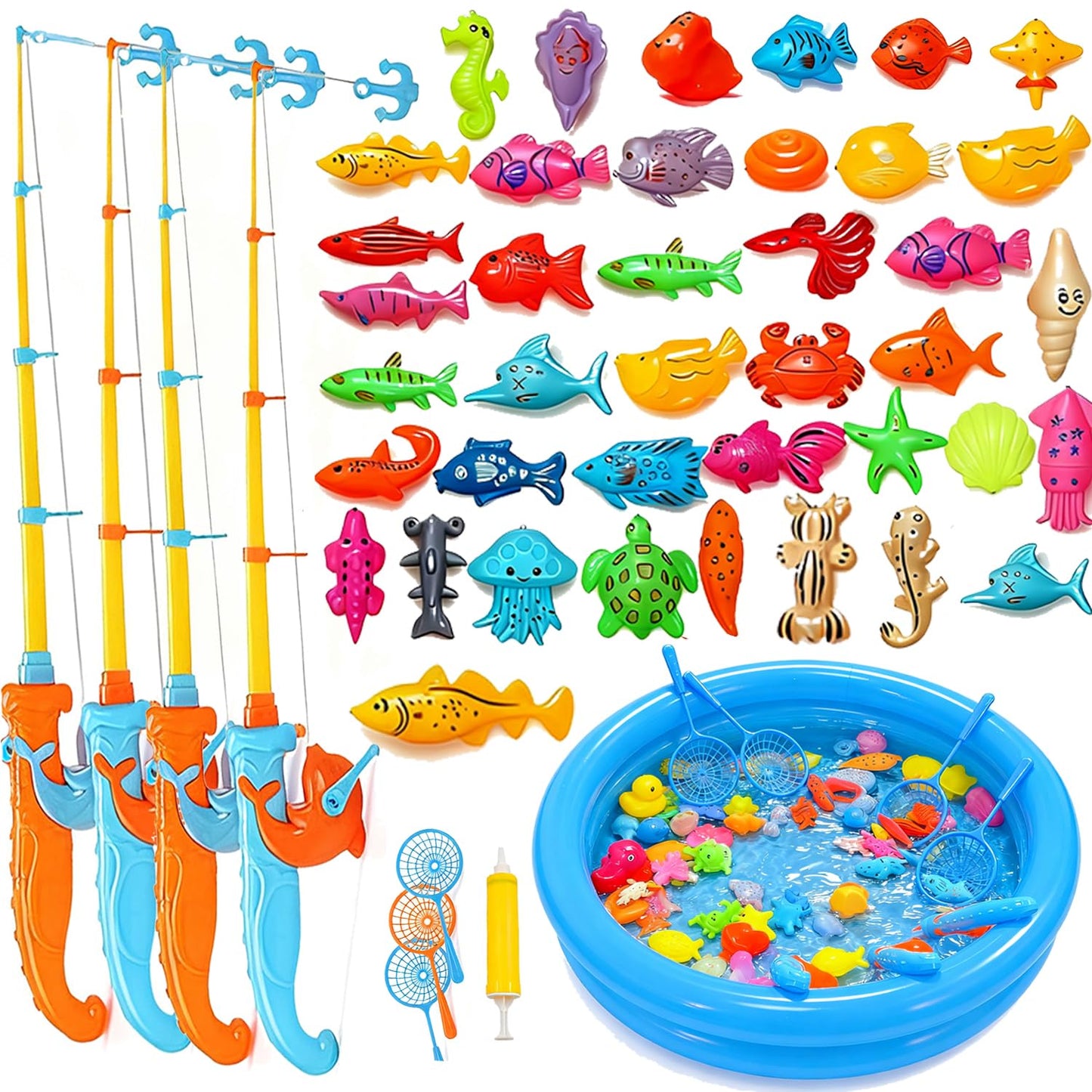 Magnetic Fishing Game Pool Toys for Kids, Water Table Bathtub Toy Fishing with Inflatable Pool, Water Bath Pool Outdoor Toys for Kids Outdoor Indoor