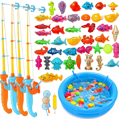 Magnetic Fishing Game Pool Toys for Kids, Water Table Bathtub Toy Fishing with Inflatable Pool, Water Bath Pool Outdoor Toys for Kids Outdoor Indoor