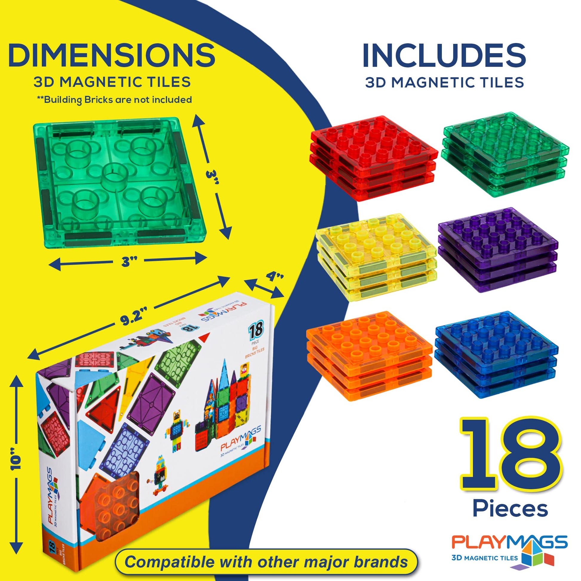 Playmags Magnetic Tiles, 18Pcs Magnetic Building Bricks, Exclusive Magnetic Blocks, Skill Development, Ages 3+ (Big Bricks Tiles)