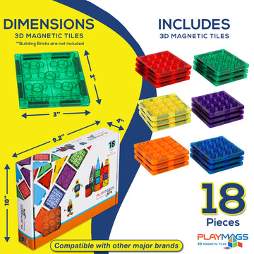 Playmags Magnetic Tiles, 18Pcs Magnetic Building Bricks, Exclusive Magnetic Blocks, Skill Development, Ages 3+ (Big Bricks Tiles)