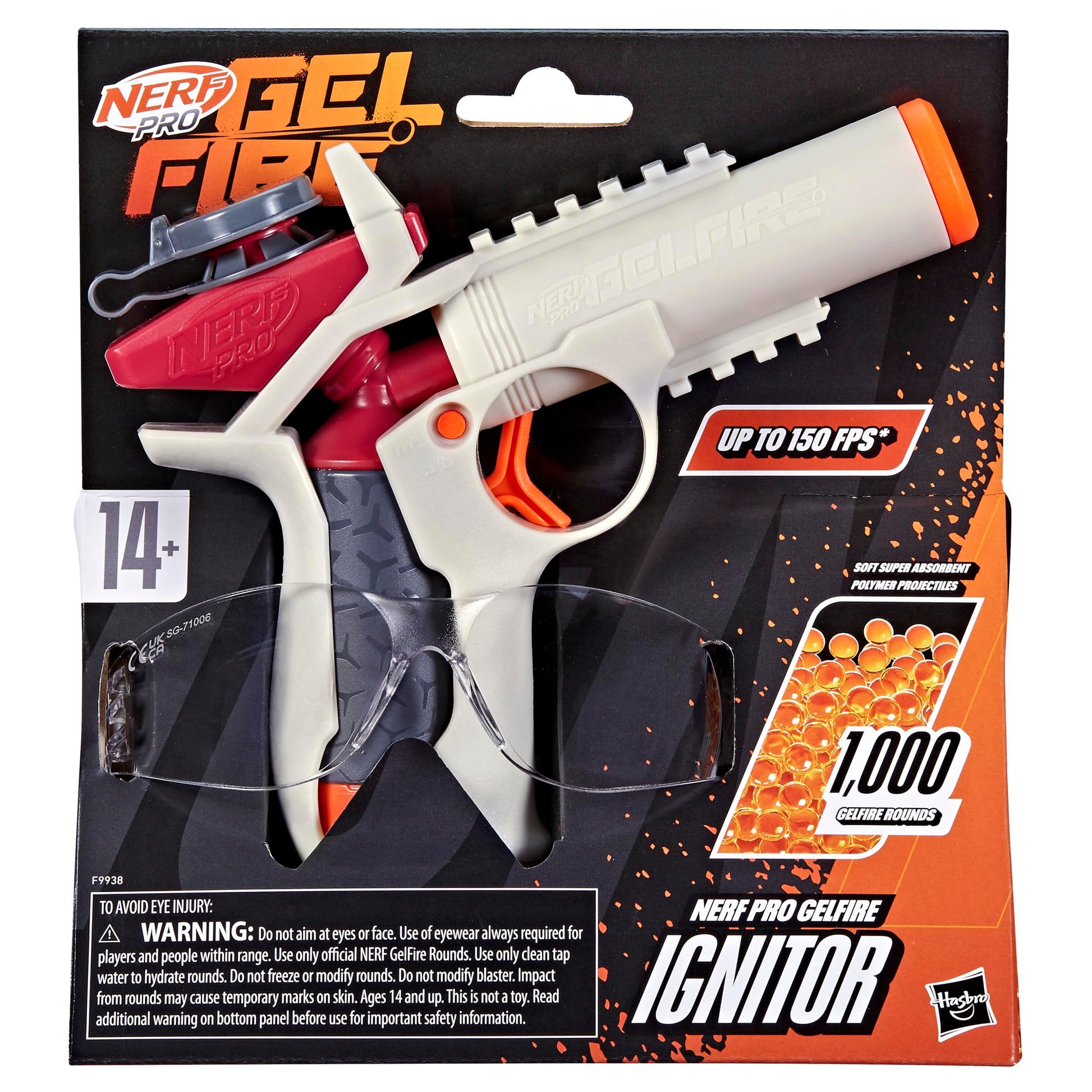 Nerf Pro Gelfire Ignitor Blaster, 1000 Gelfire Rounds, 60 Round Capacity, T-Pull Priming, Up to 150 FPS, Eyewear, Gifts for Teens Ages 14+