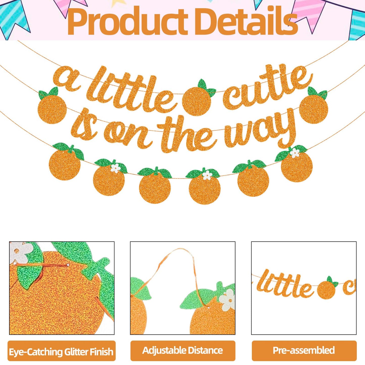 Glitter "A Little Cutie Is On The Way" Banner with Citrus Garland, Orange Fruit Baby Shower Decoration, Tangerine Themed Gender Reveal Summer Photo